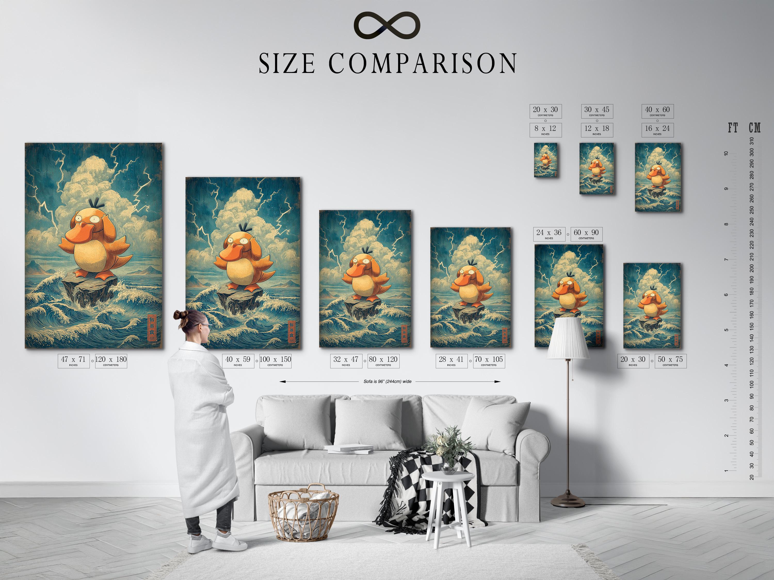 Room mockup showing a framed artwork of a duck in foamy ocean waves