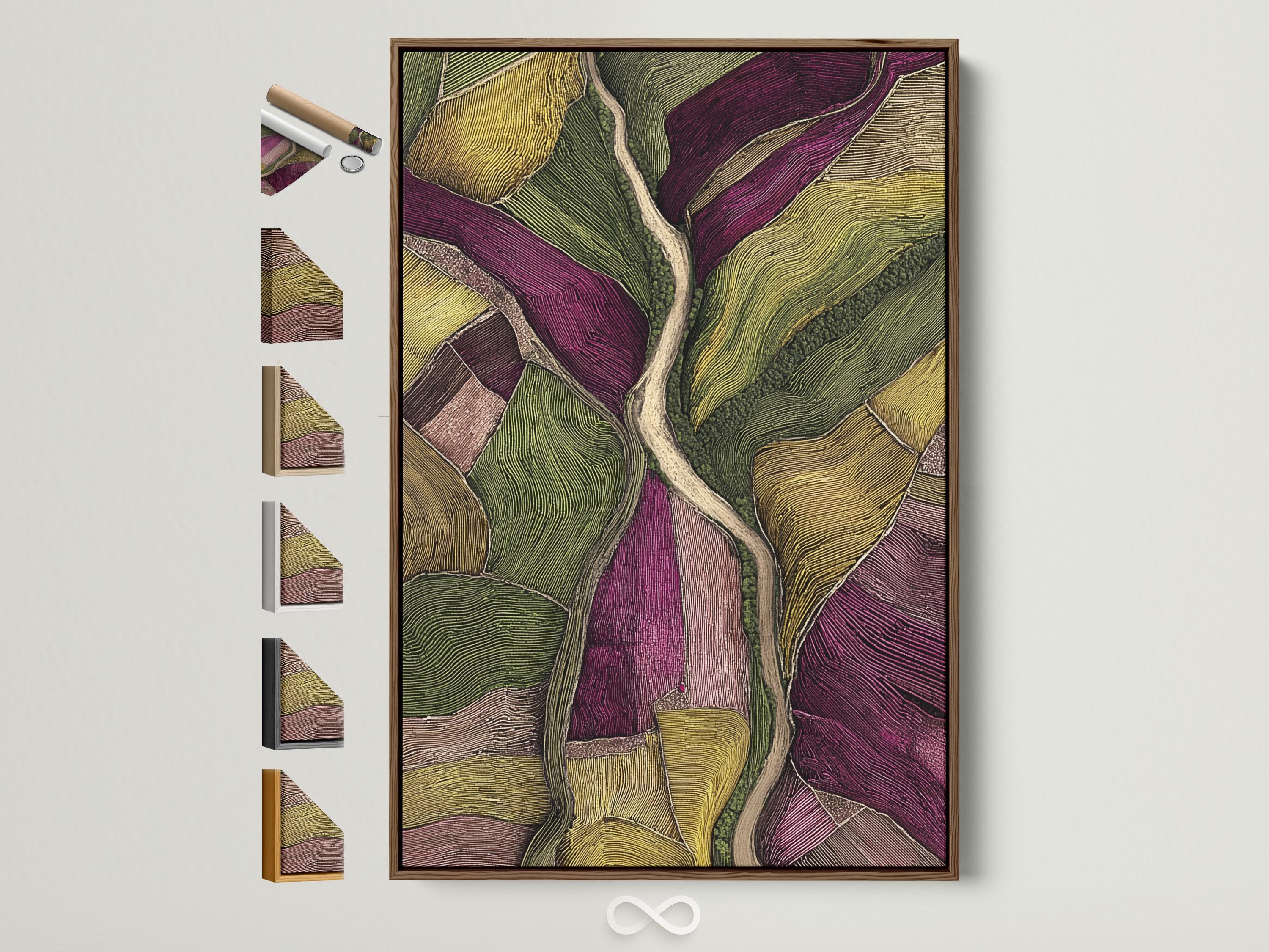 Room mockup with a framed abstract landscape artwork in green and plum tones