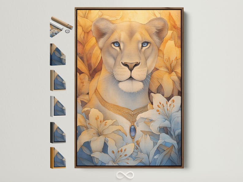 Blue-eyed lioness portrait with pale blue lily flowers and warm gold foliage background