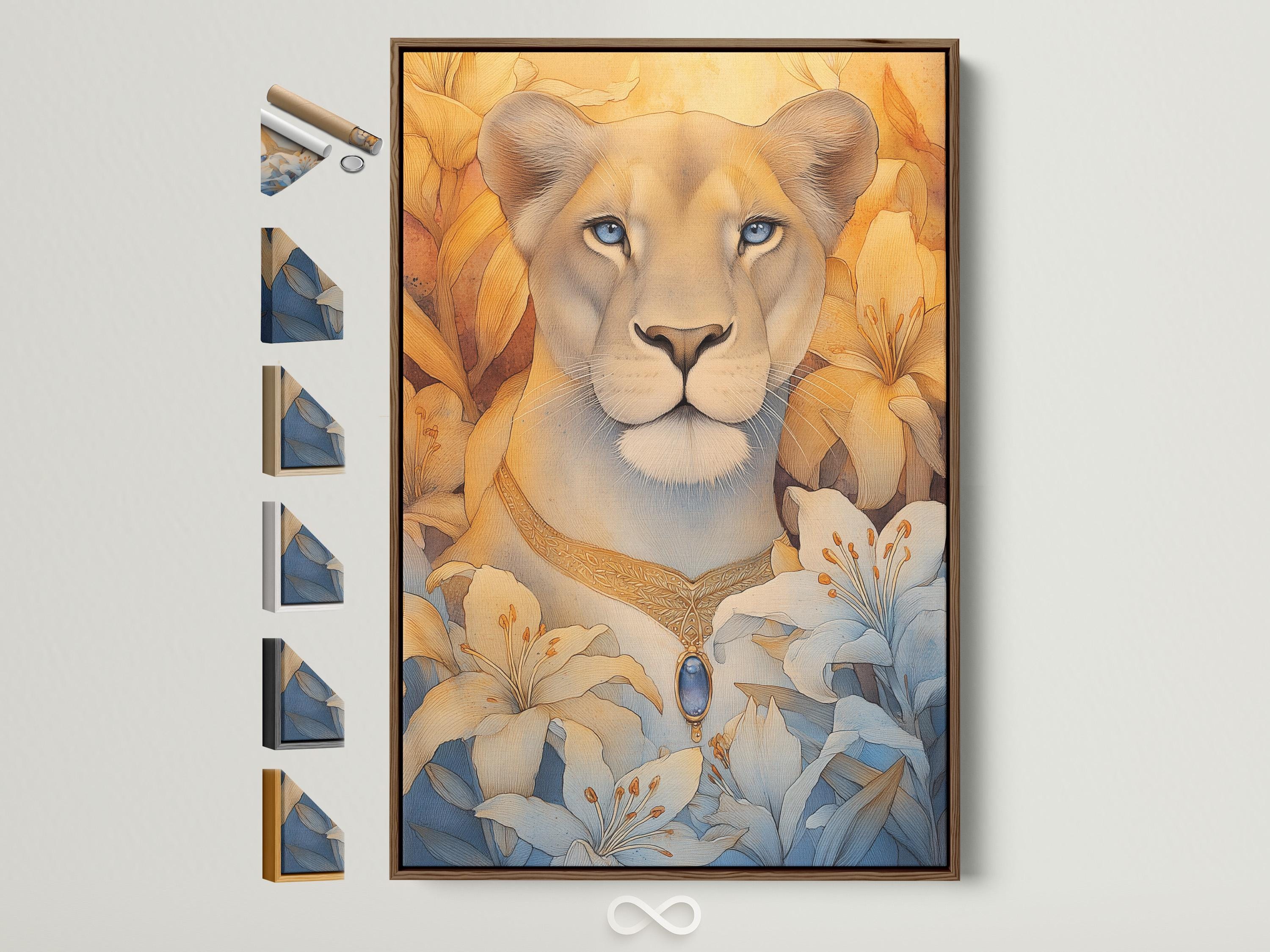 Blue-eyed lioness portrait with pale blue lily flowers and warm gold foliage background