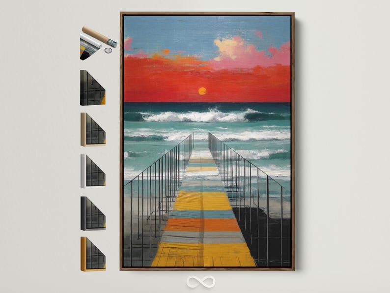 Sunset pier seascape with a walkway, dark railings, ocean waves and a bright sun glow
