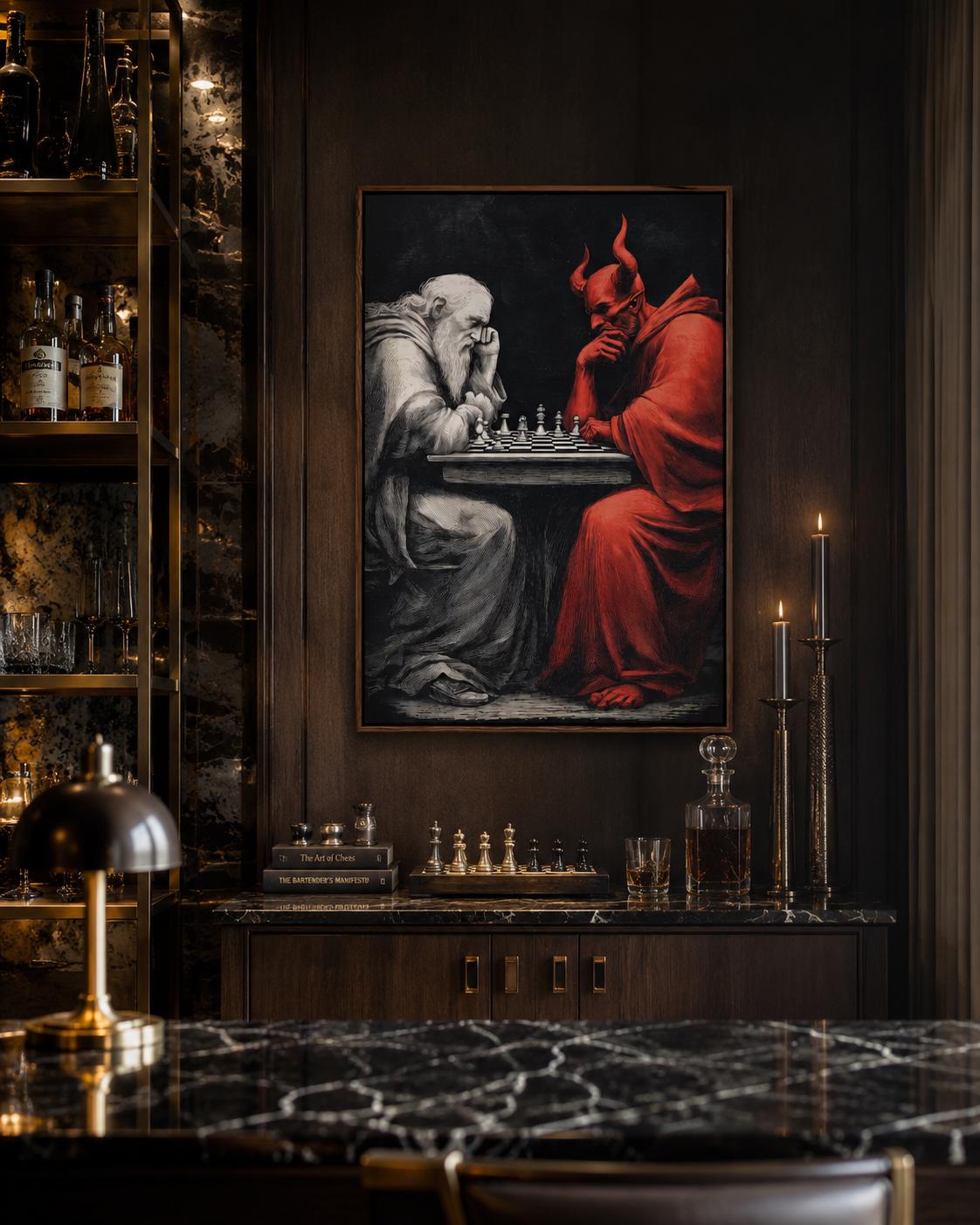 Chess duel scene with a pale angel-like figure facing a red horned devil over chess pieces detail view