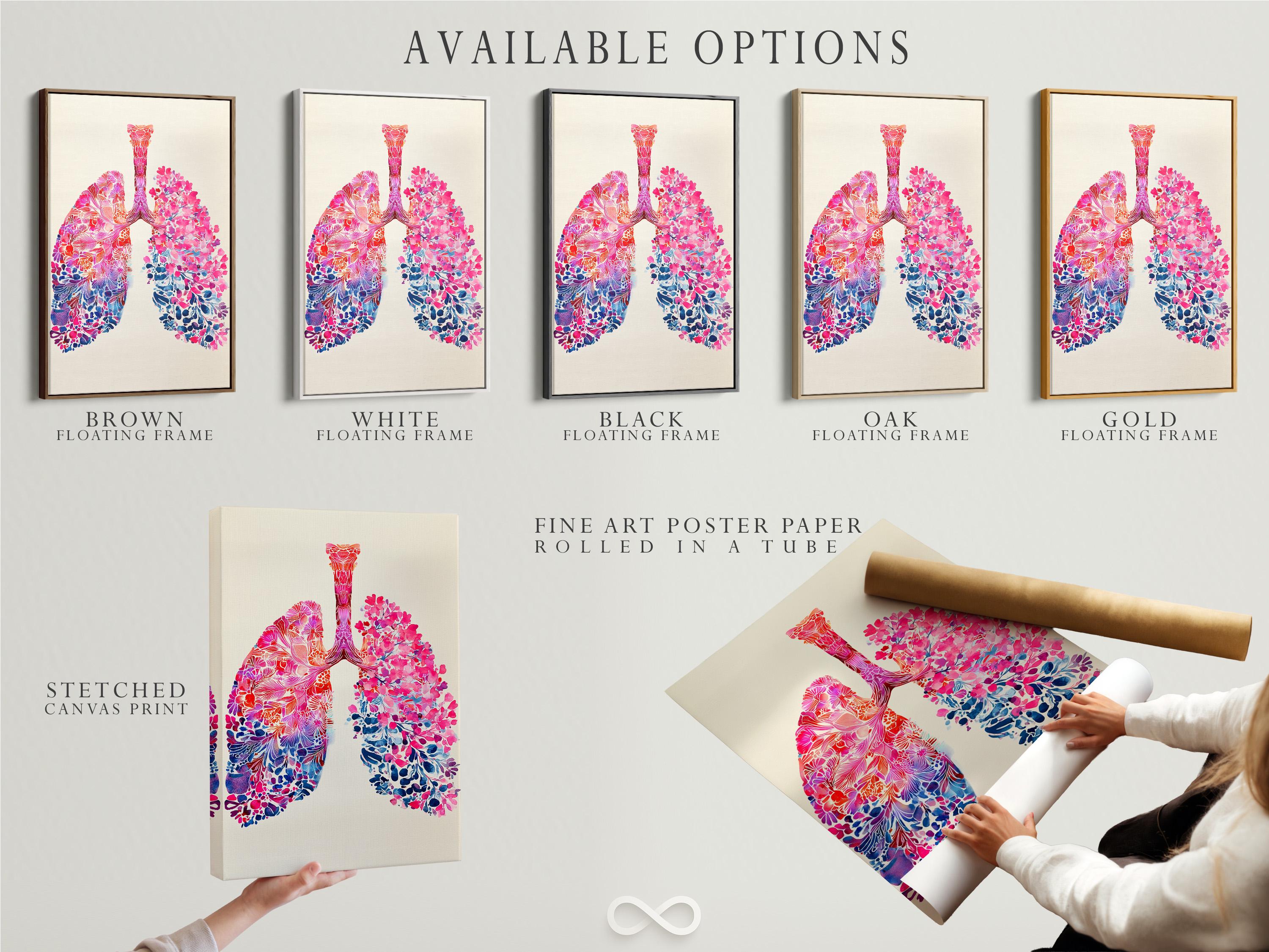 Room mockup showing a framed floral lungs artwork with pink and blue anatomy details