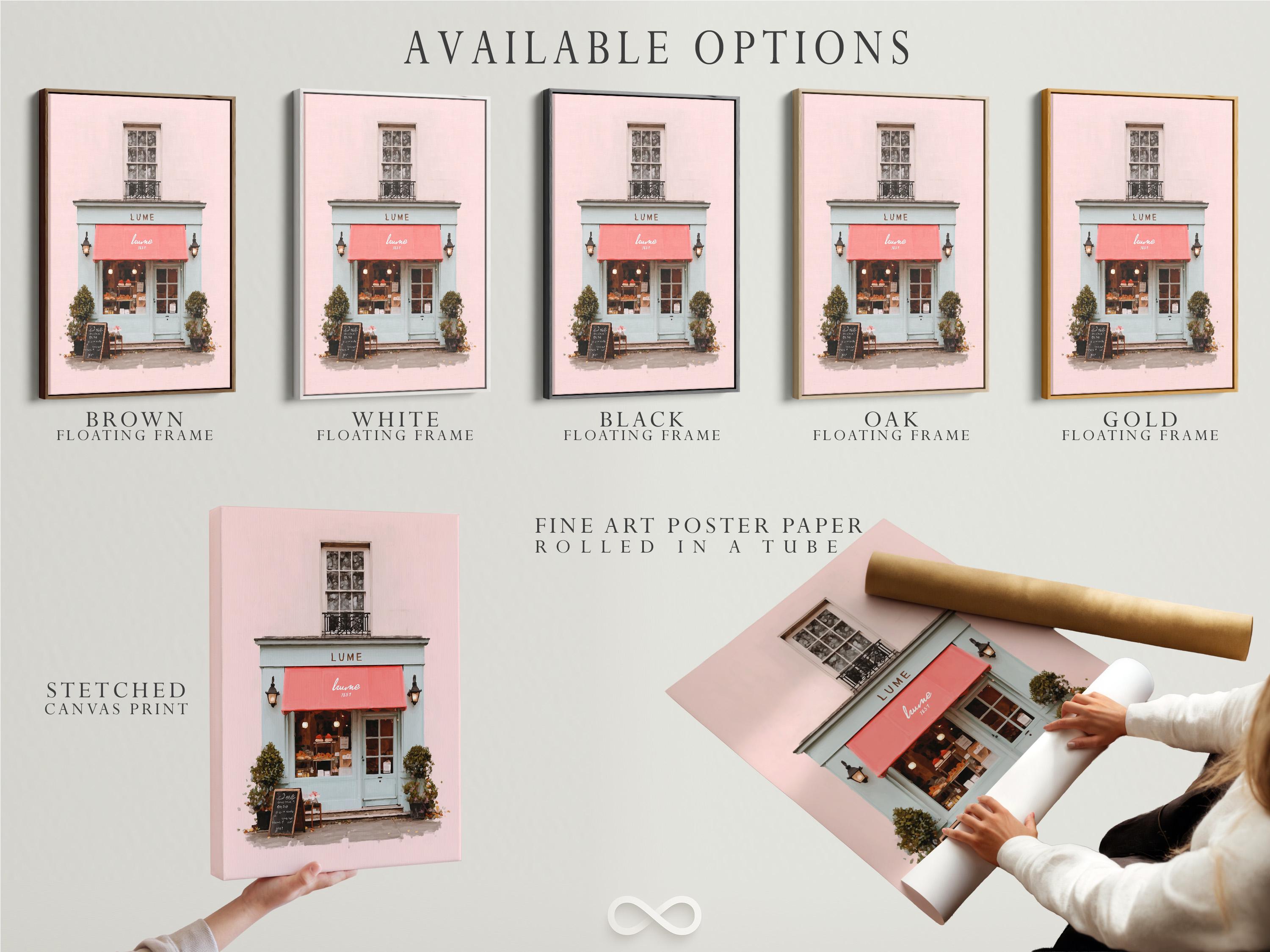 Pastel pink café front illustration with a red awning, lanterns, window and green shrubs detail view