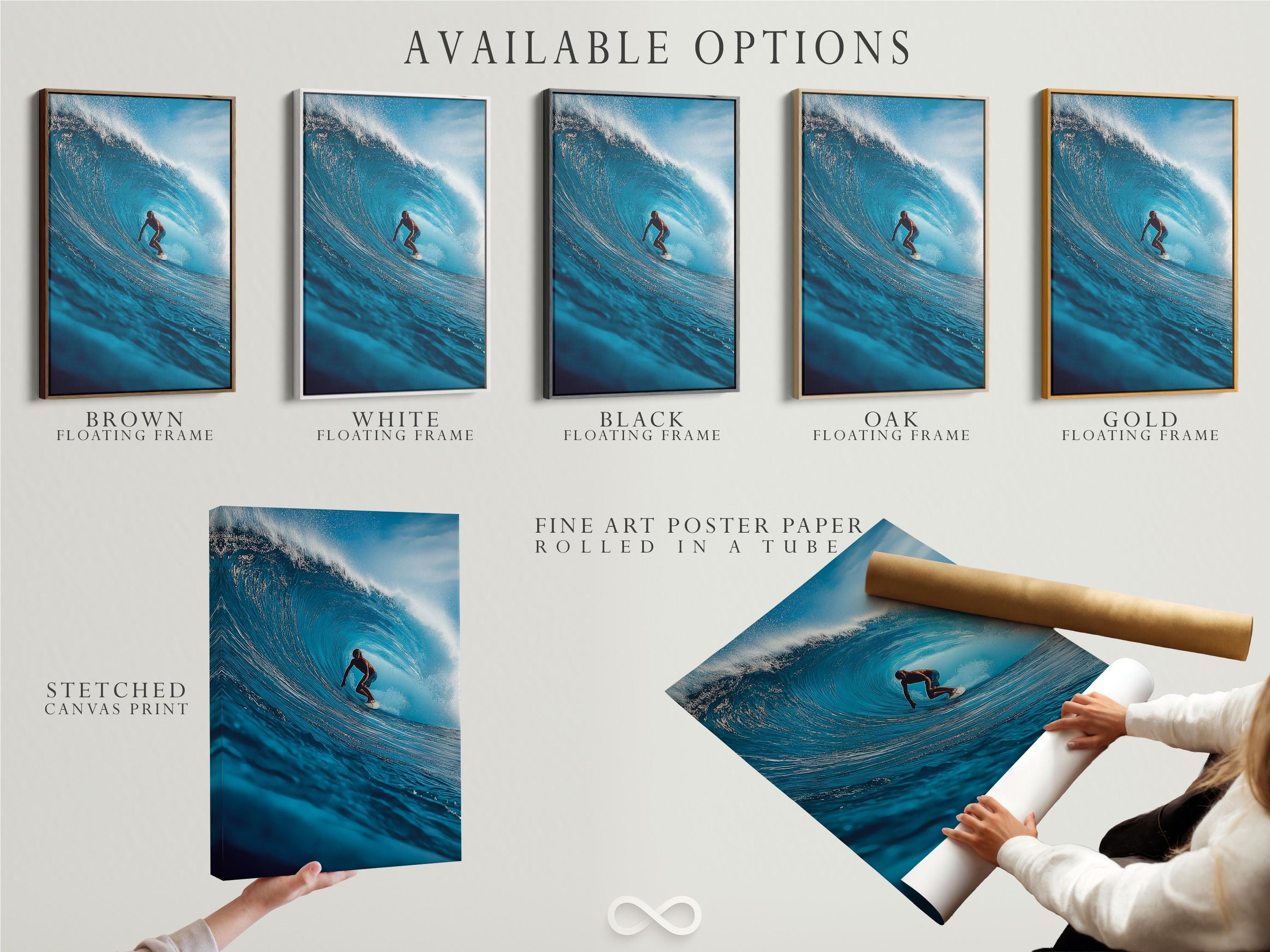 A blue ocean wave artwork shows a surfer riding through white foam, with bright sky-toned highlights and swirling water texture detail view