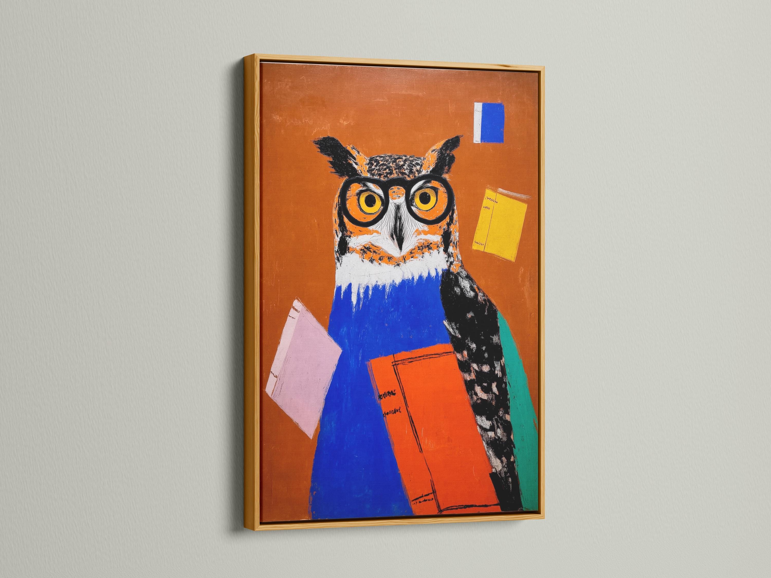 Stylised owl wearing large round glasses, holding colourful books on a warm orange background detail view