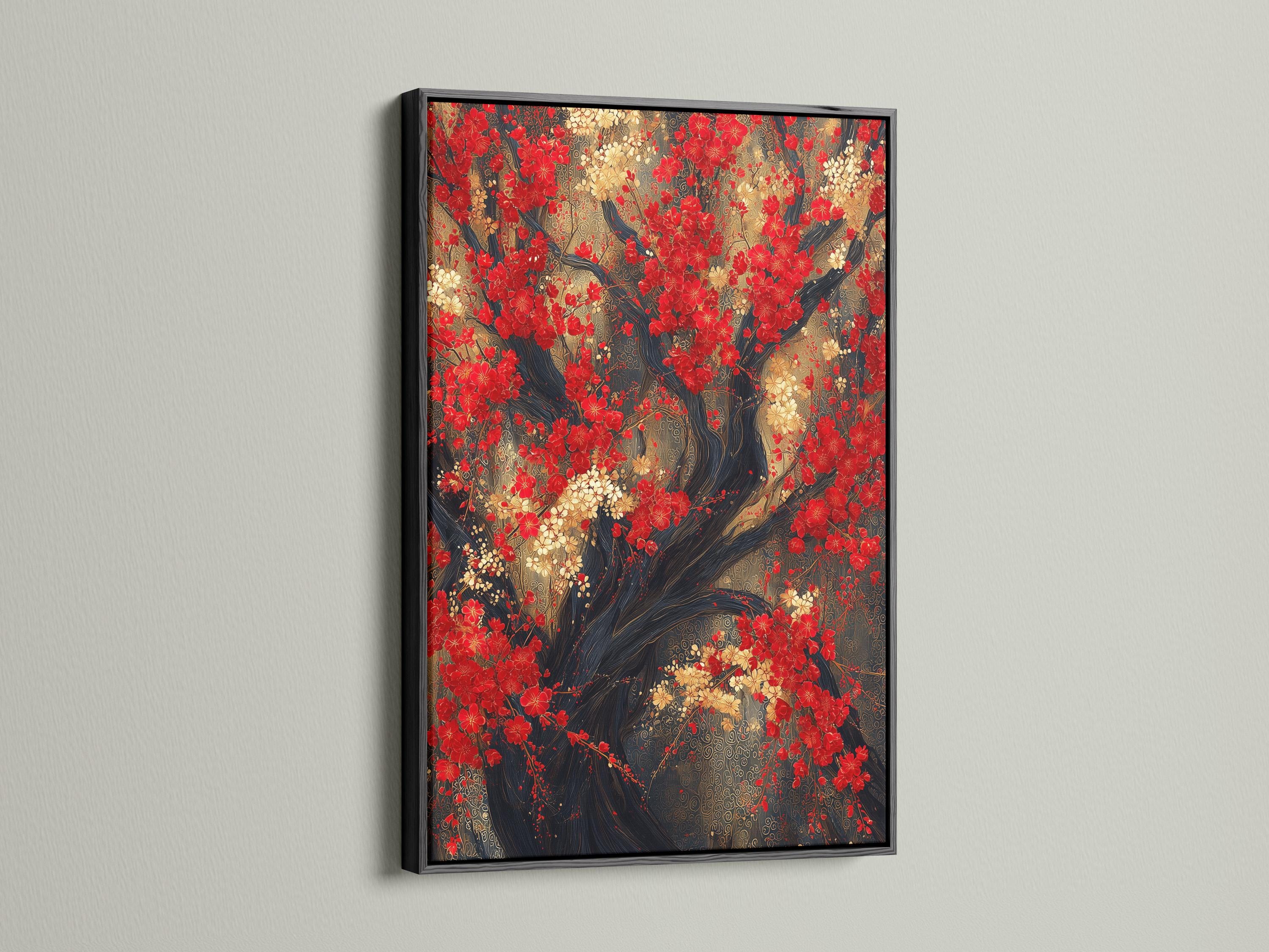 Red blossom tree artwork with dark branches and clusters of red, cream and gold flowers detail view