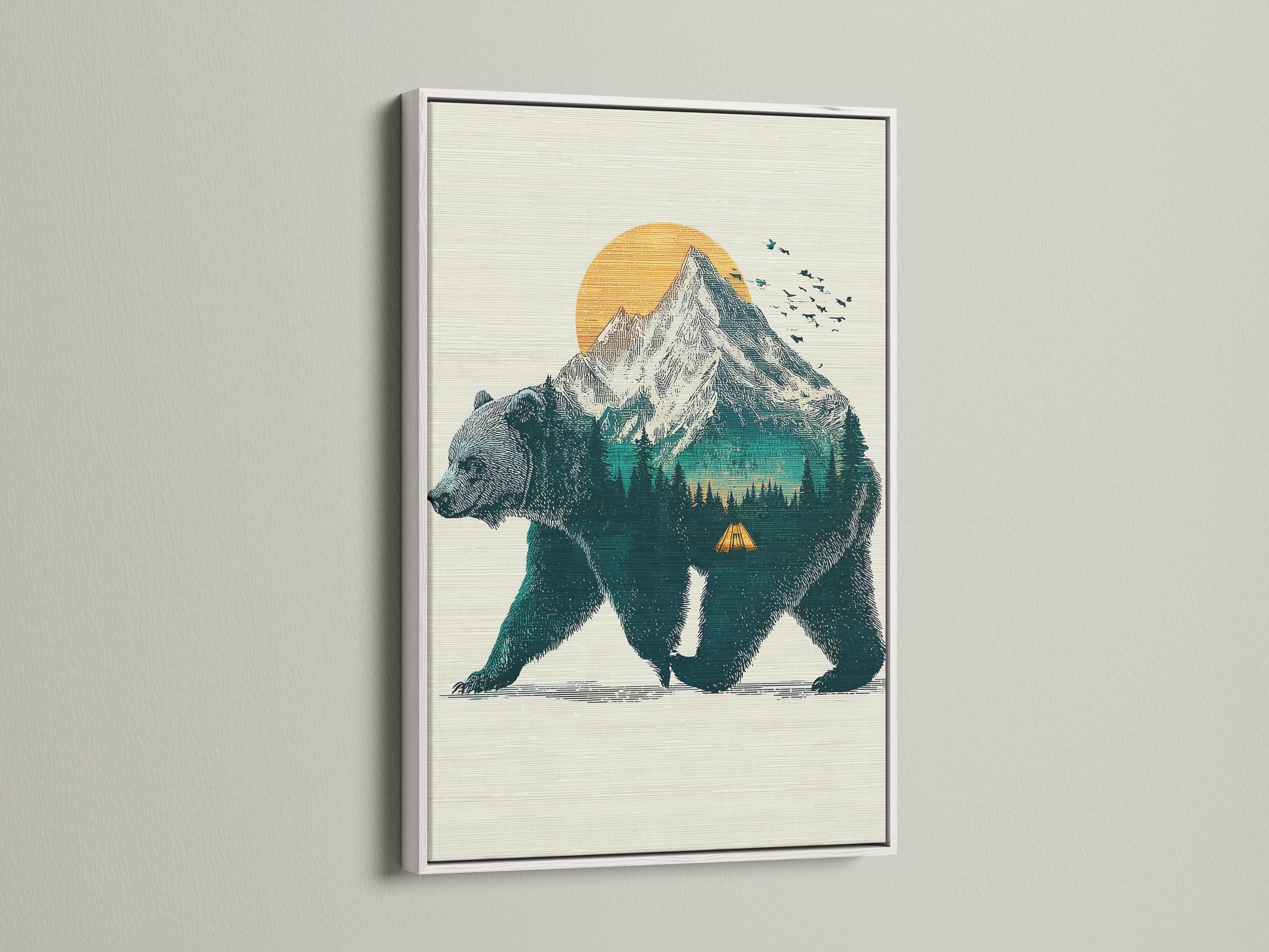 Illustration of a teal bear walking with a mountain and orange sun in the background detail view