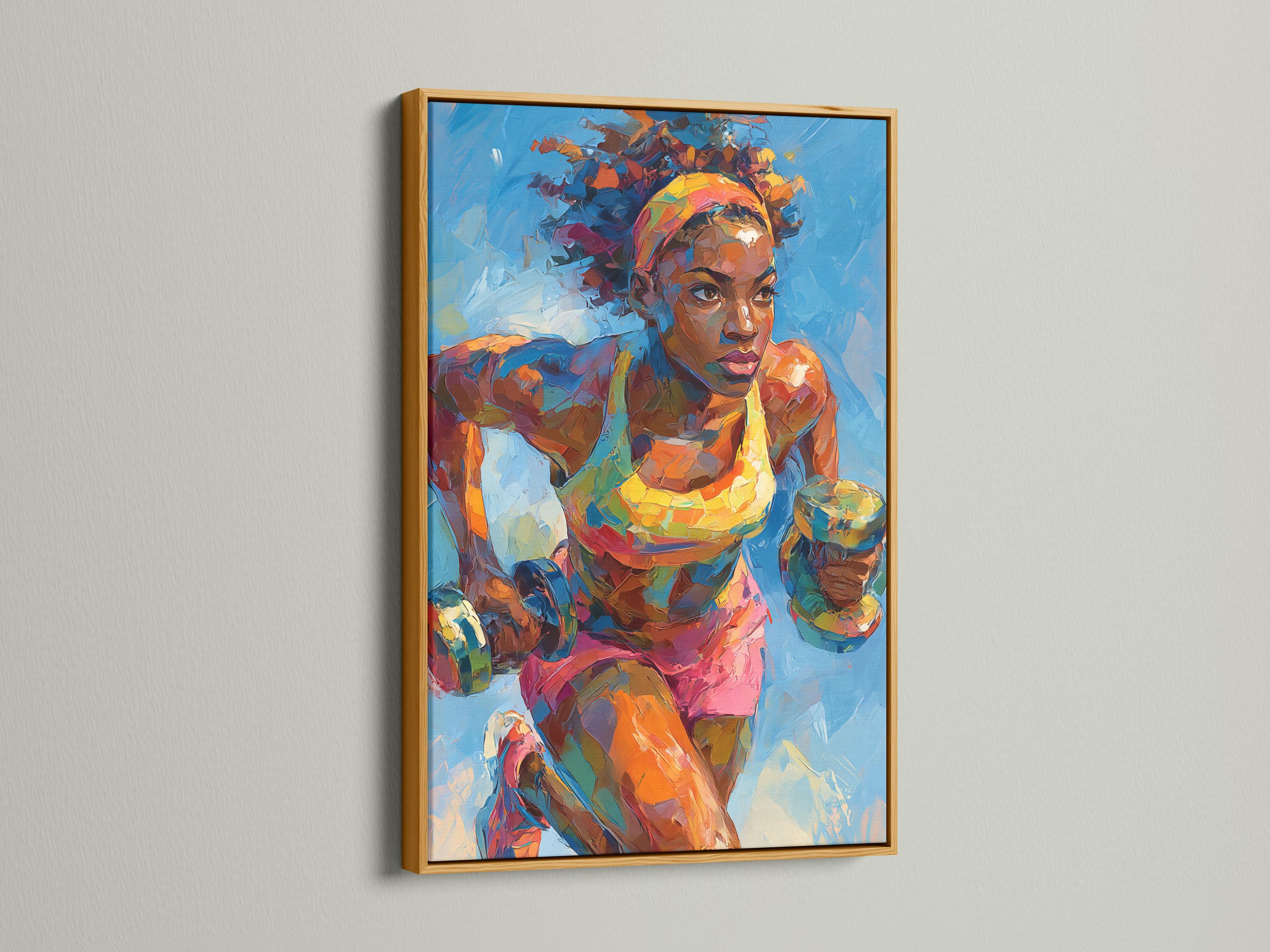 Stylised athlete in a boxing-style pose with vivid orange, pink and teal colours on a blue background detail view