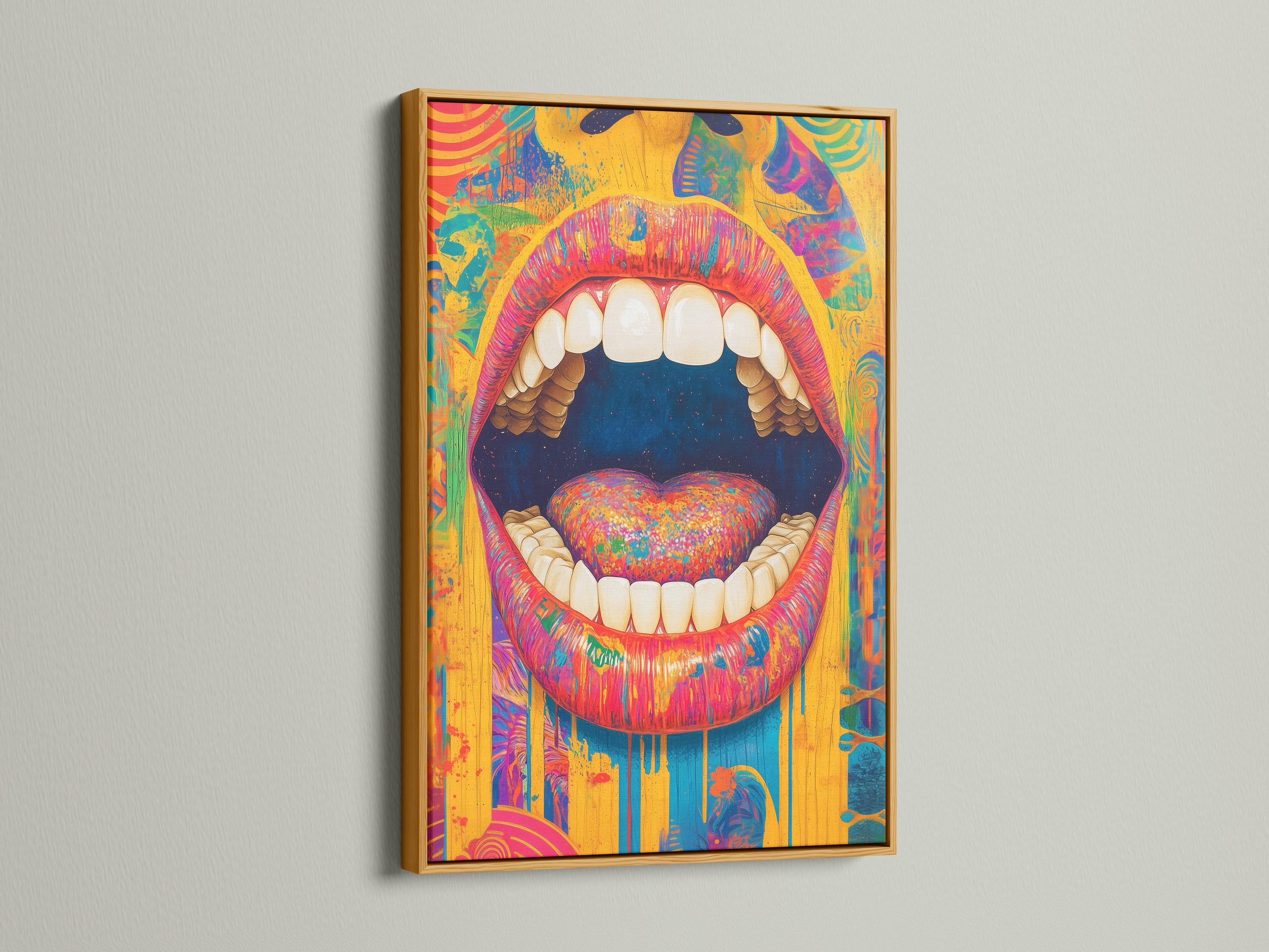 Surreal pop-art mouth with detailed teeth and a bright heart centre in vibrant colour blocks detail view