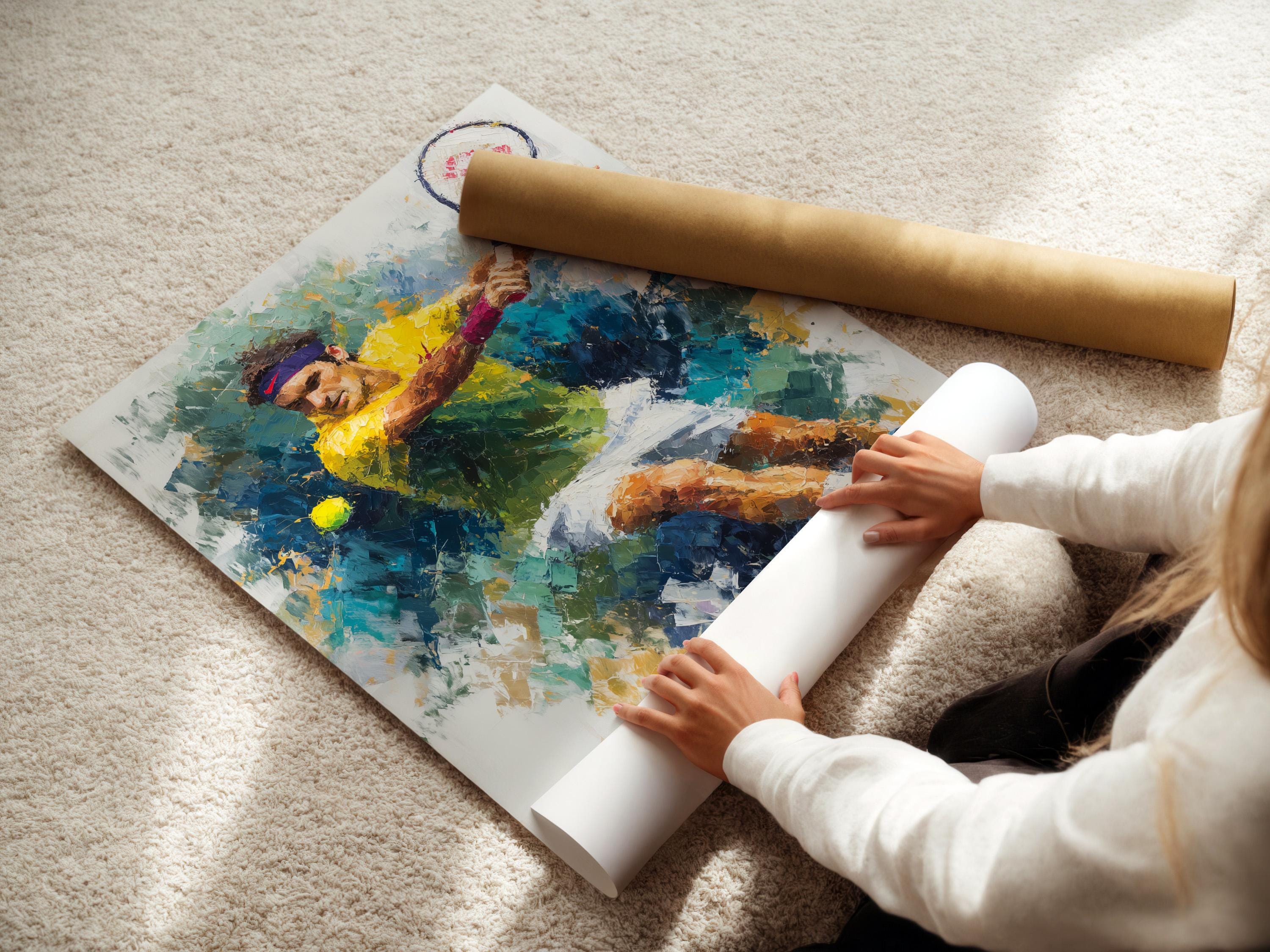 Abstract tennis player artwork in blue, teal, green and yellow with a sweeping racket arc detail view