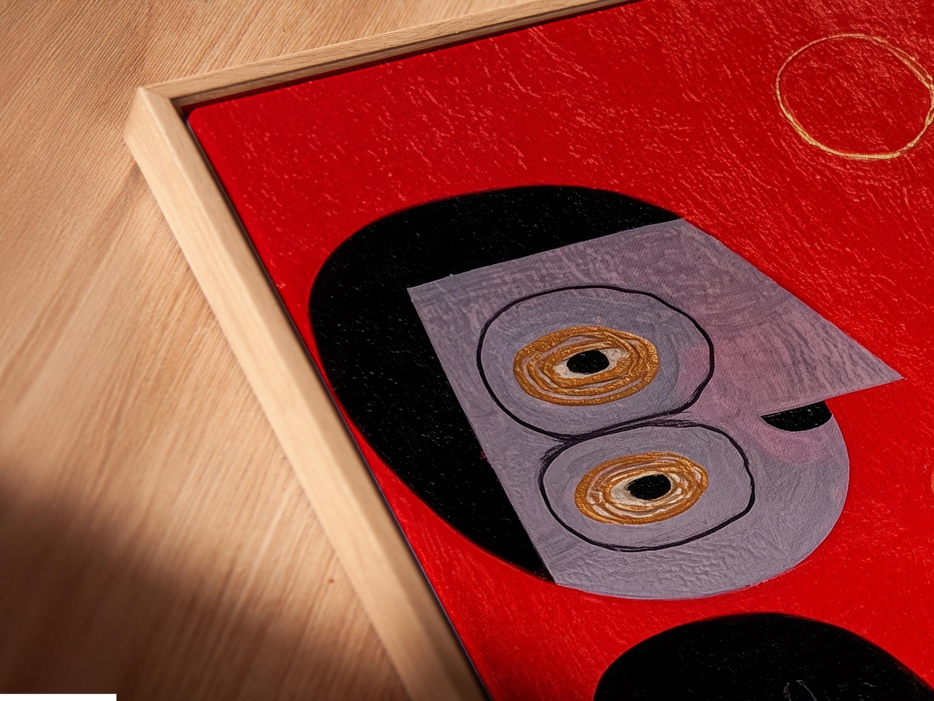 Abstract face artwork with red background, teal accents, black outlines and spiral details detail view