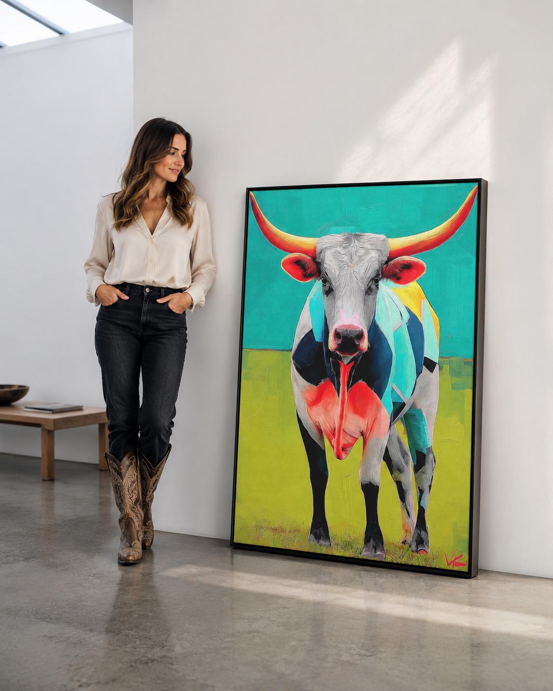 Room mockup with a framed longhorn steer artwork on a wall above a green upholstered sofa and dining table