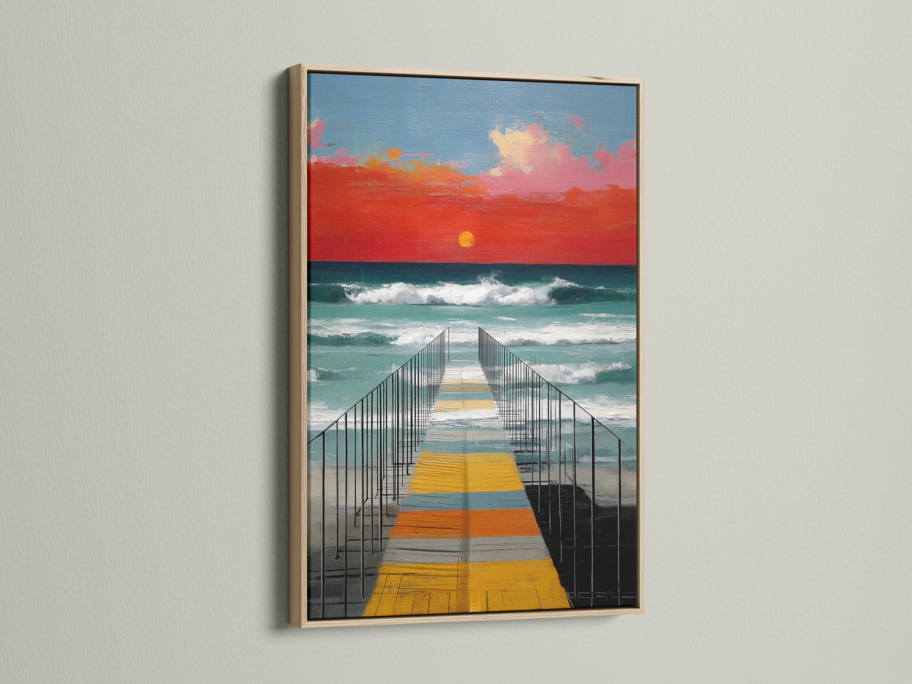 Sunset pier seascape wall art mockup on a light background with framed versions shown