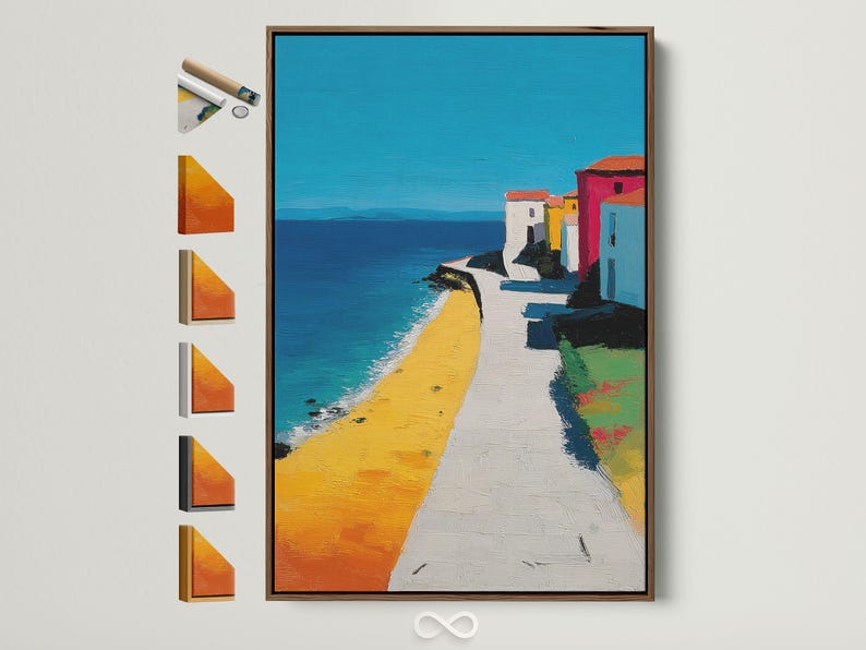 A bright seaside town scene shows turquoise ocean, a yellow sandy beach, and colourful buildings with painterly texture and strong diagonal