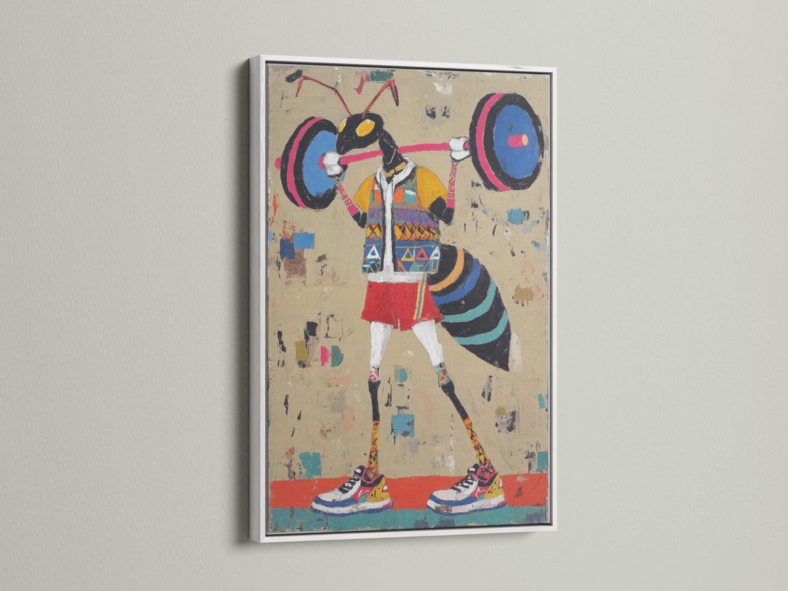 Stylised weightlifter lifting a barbell with large weight plates on a beige paint-splattered background detail view