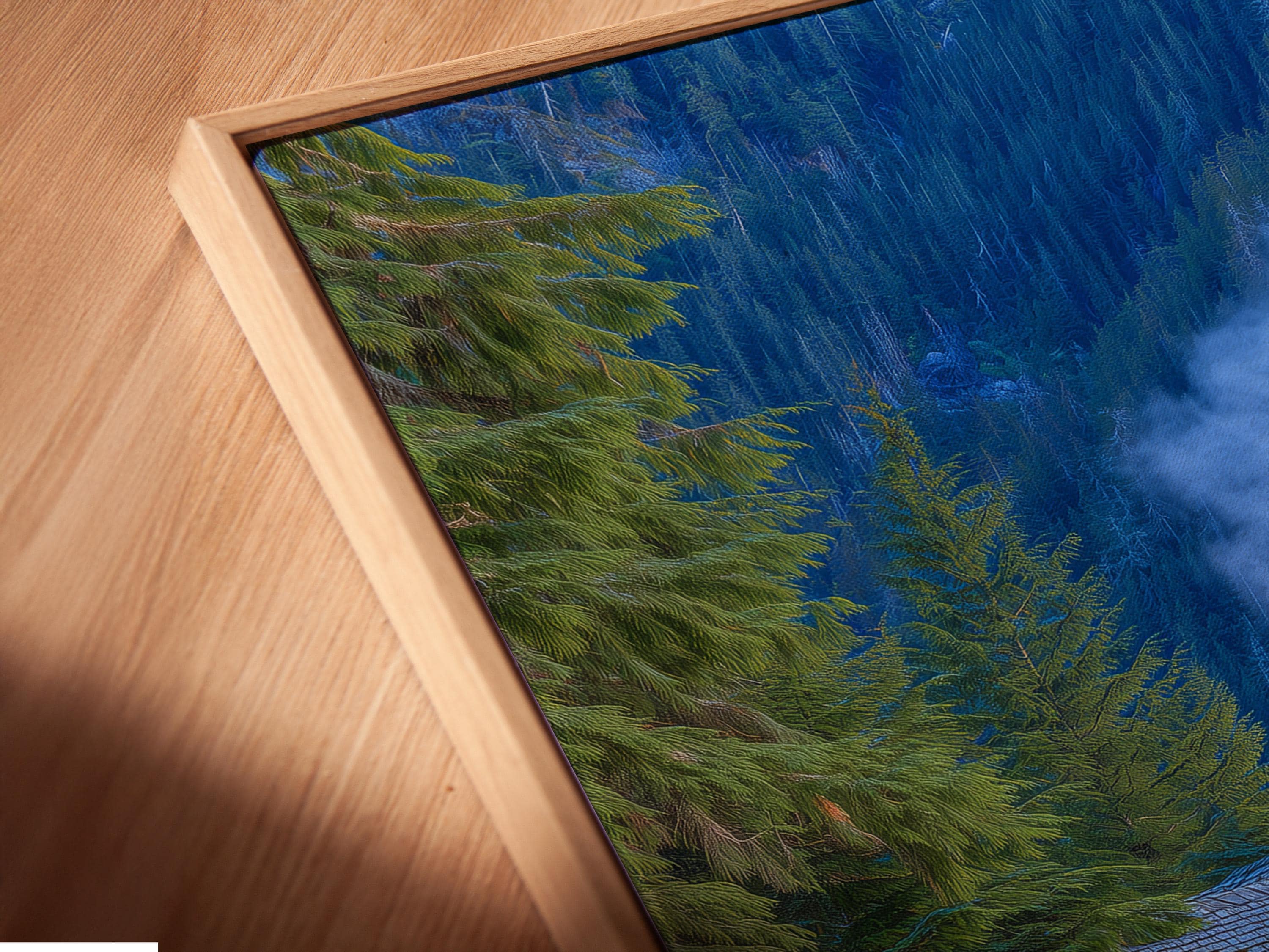 Forest cabin scene with evergreen trees, blue mist, and warm glowing windows detail view