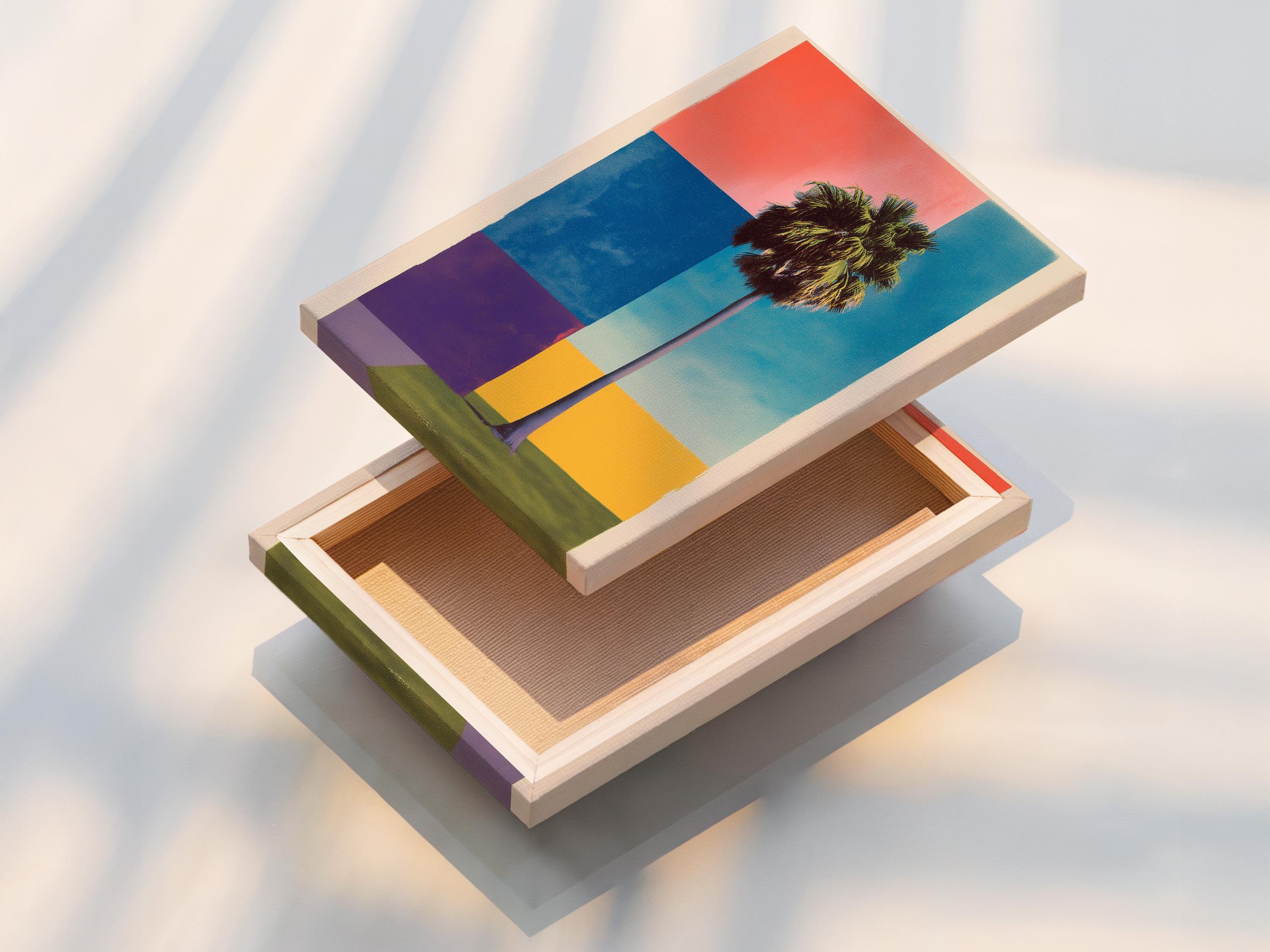 Retro geometric palm tree artwork with coral sky and turquoise blue blocks detail view