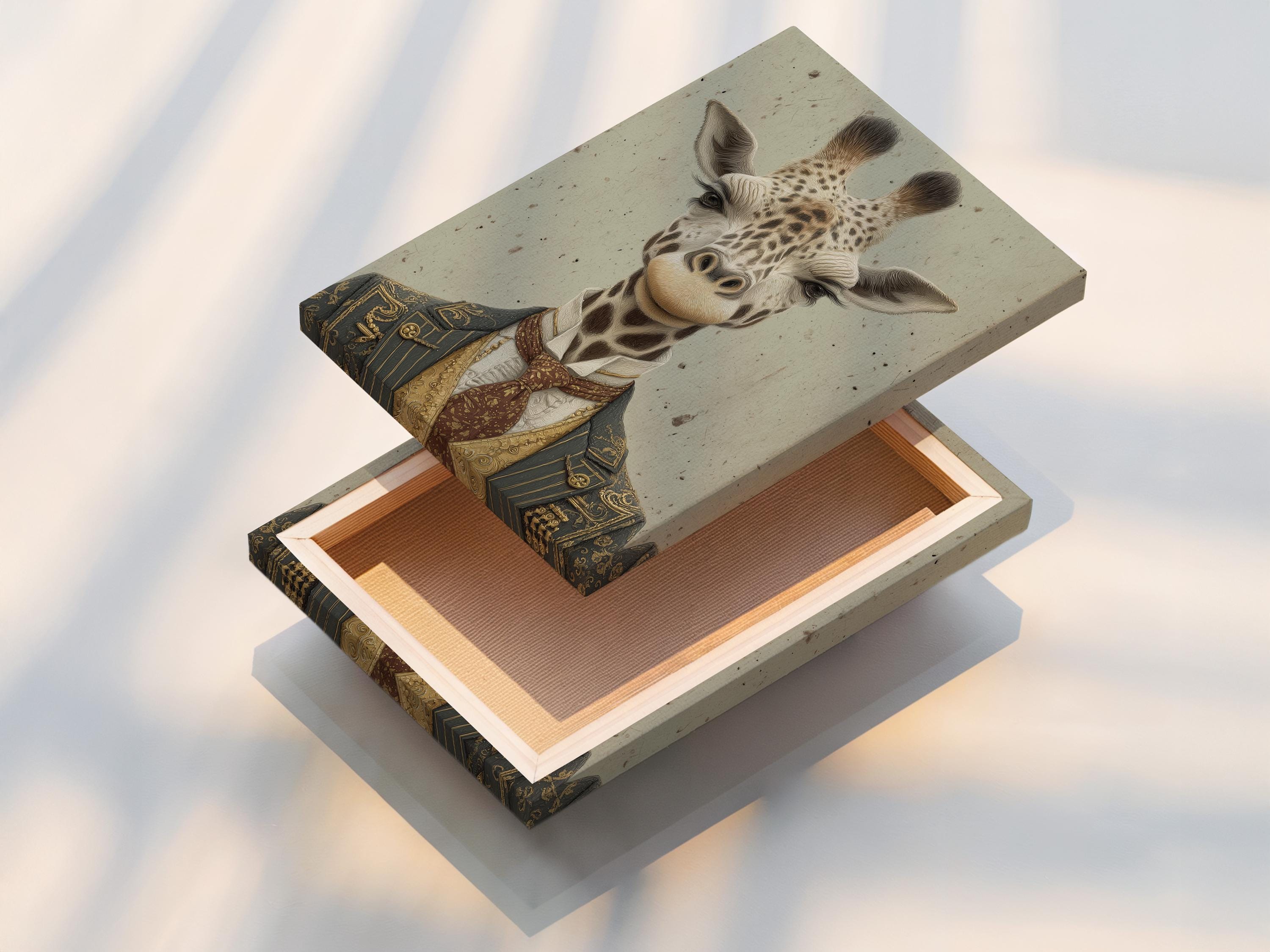 Vintage-style giraffe portrait wearing a formal suit, with antique gold and deep maroon details detail view