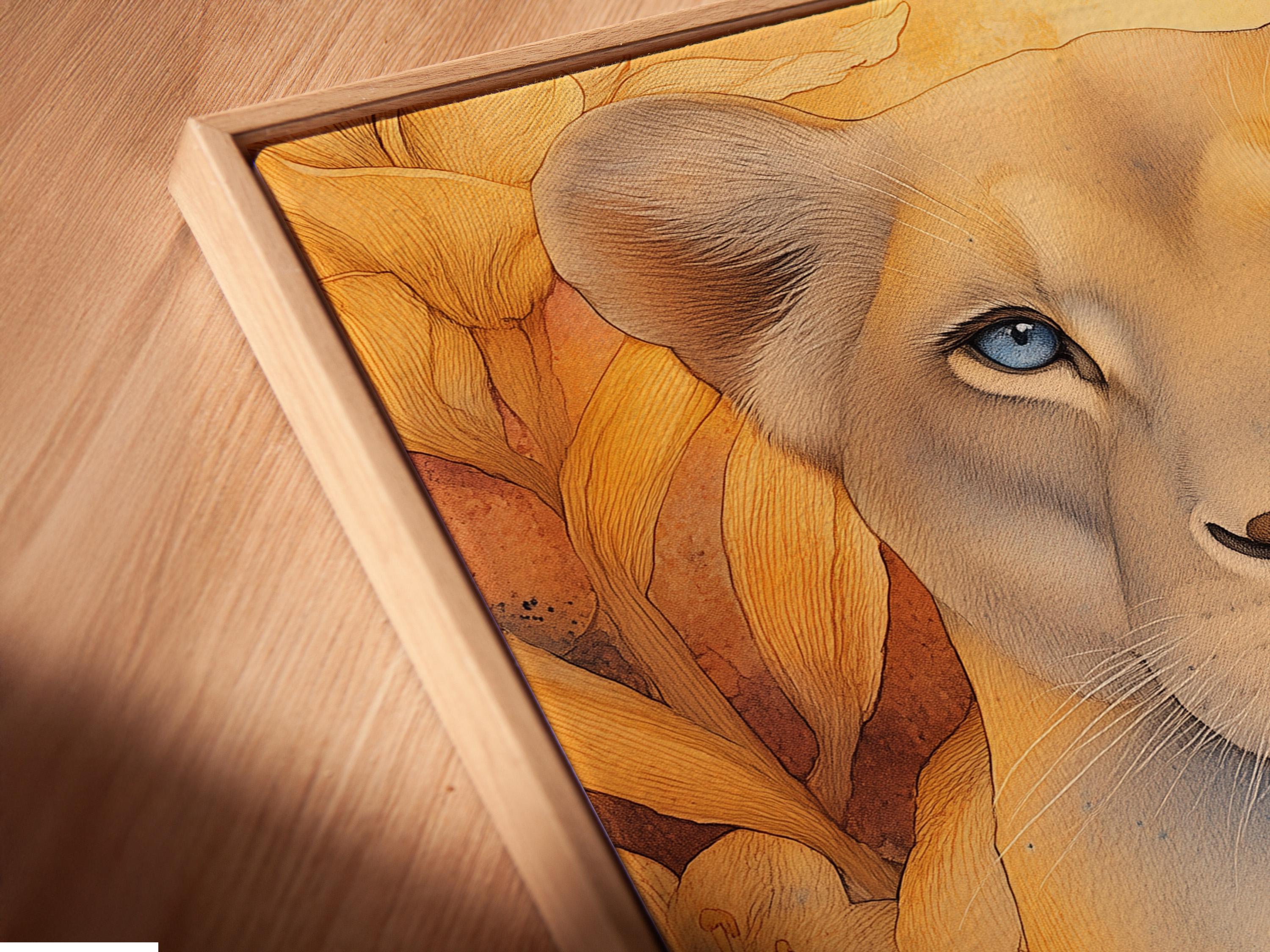 Blue-eyed lioness portrait with pale blue lily flowers and warm gold foliage background detail view