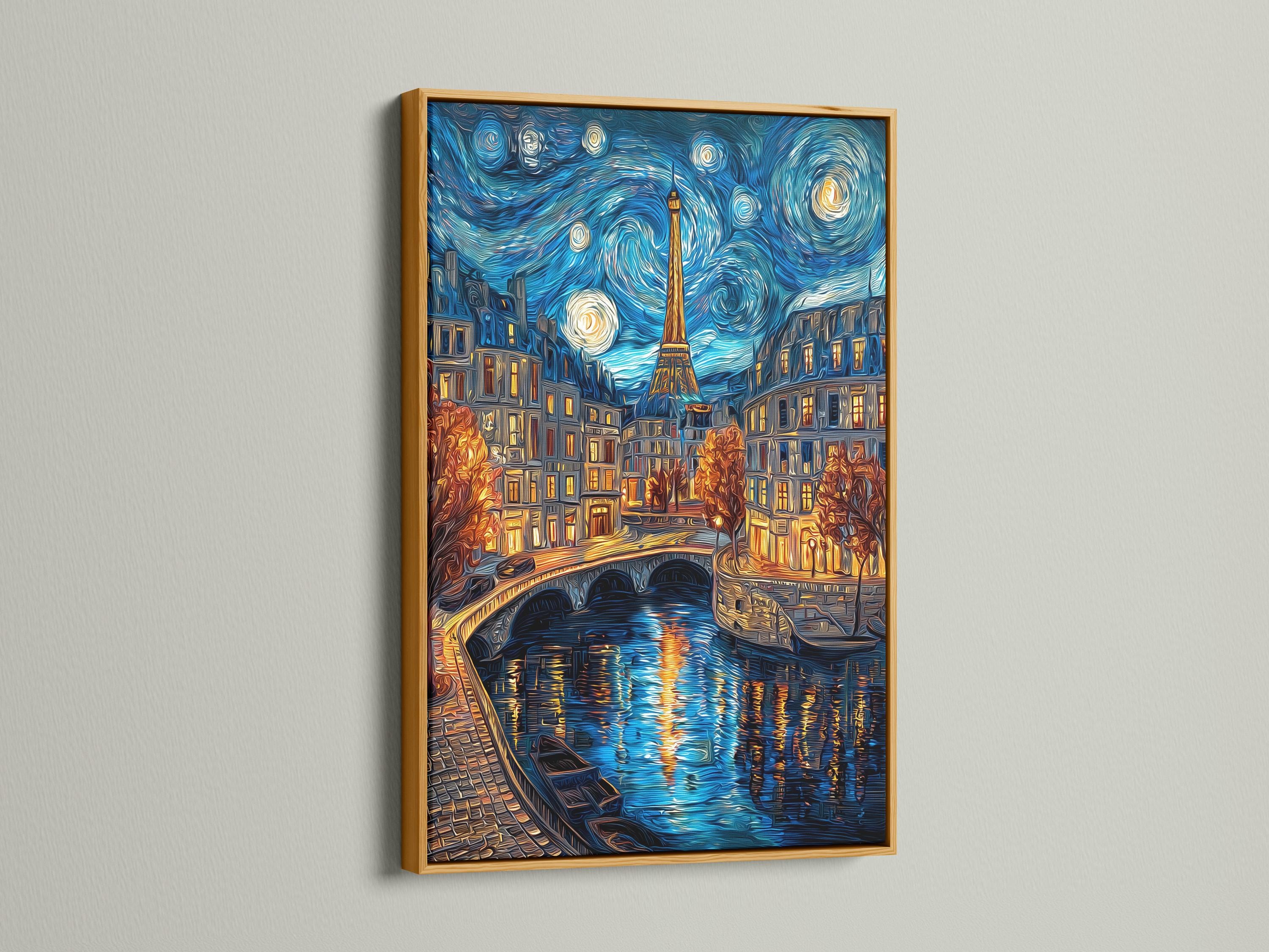 Woman hanging a framed night cityscape painting featuring the Eiffel Tower on a brick wall