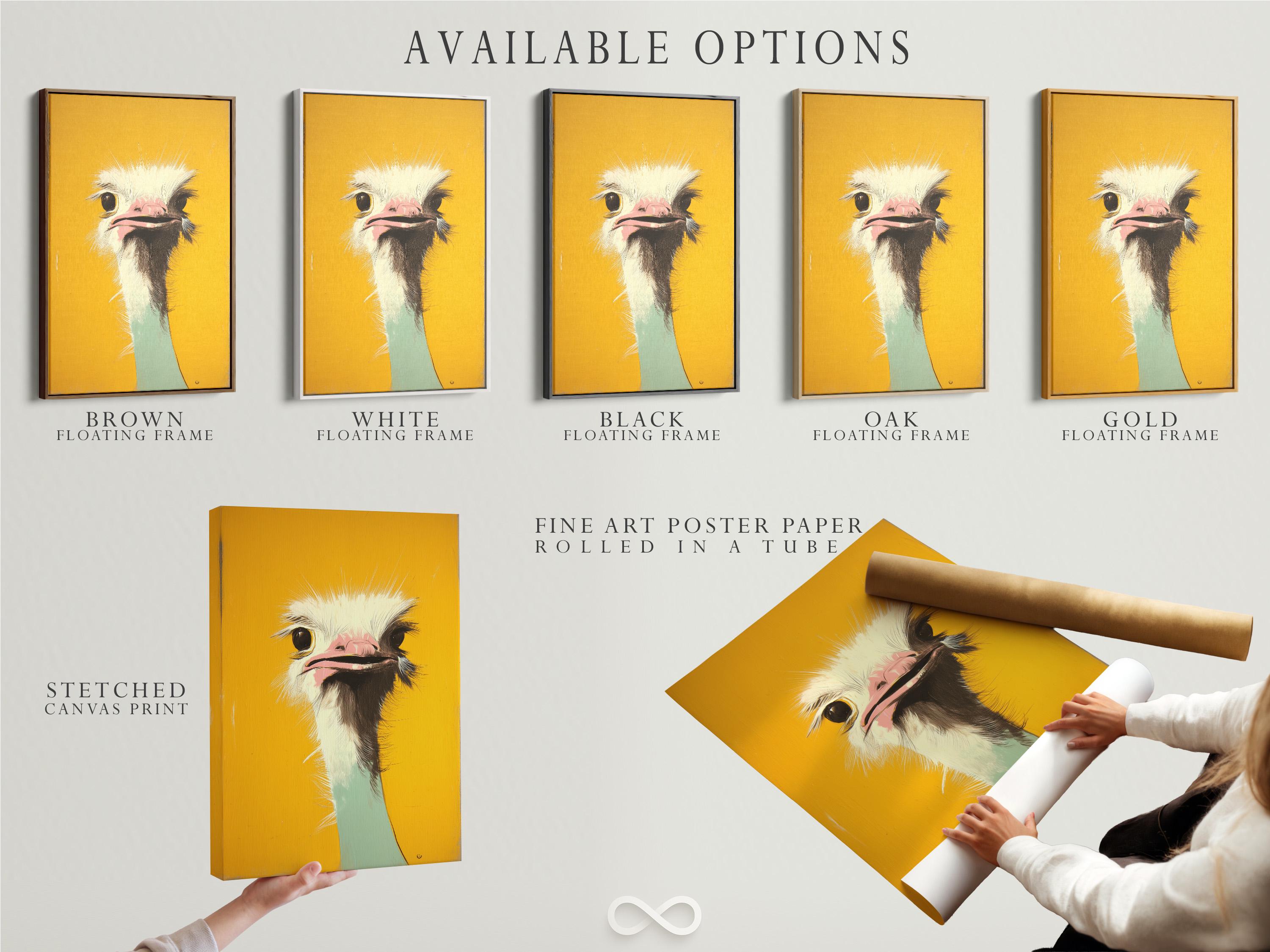 Stylised ostrich head portrait in mustard yellow with white feathers, dark eyes and a pink beak interior detail view