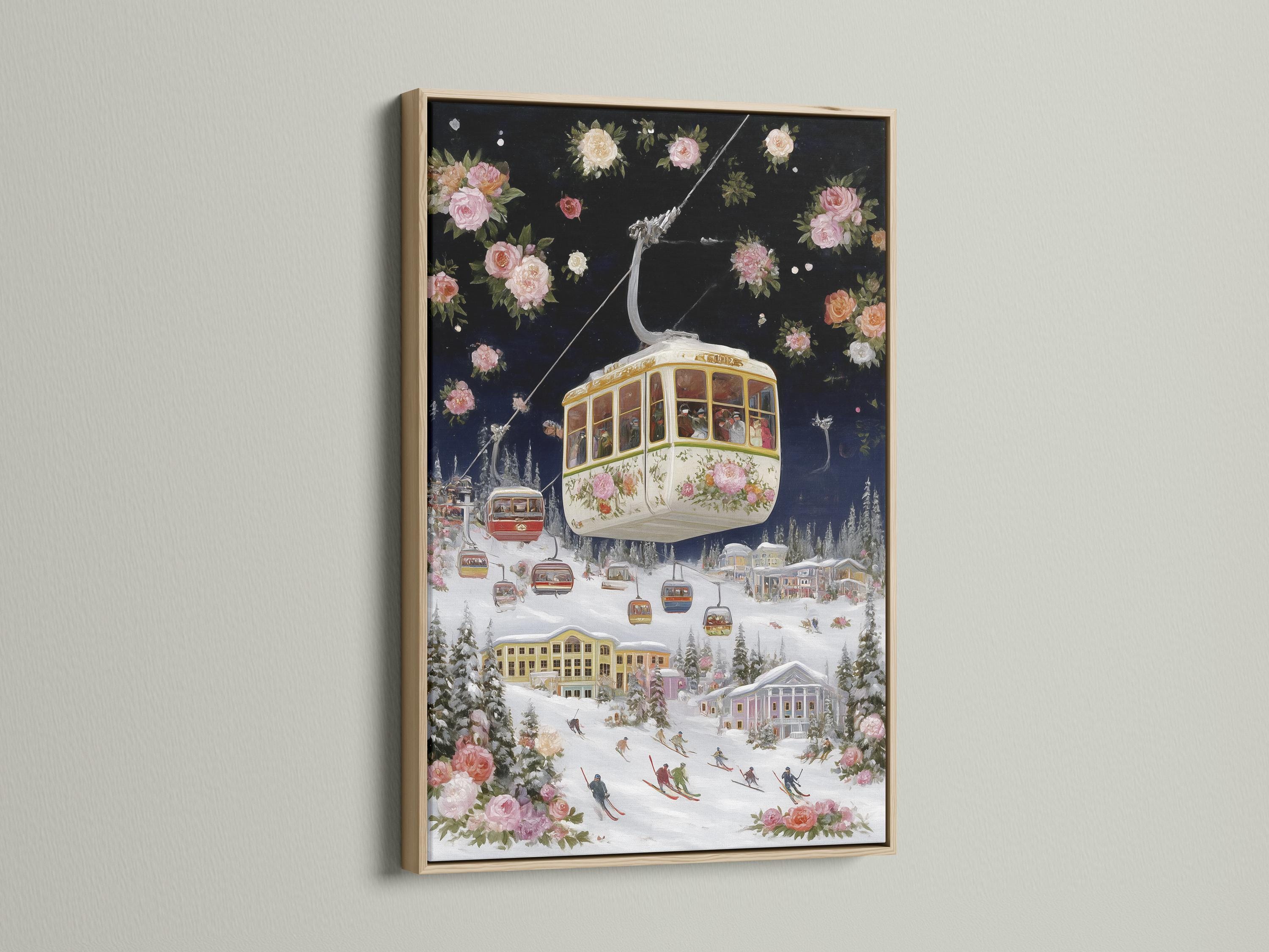 Vintage cable car over a snowy ski village with pink flowers in a winter landscape detail view