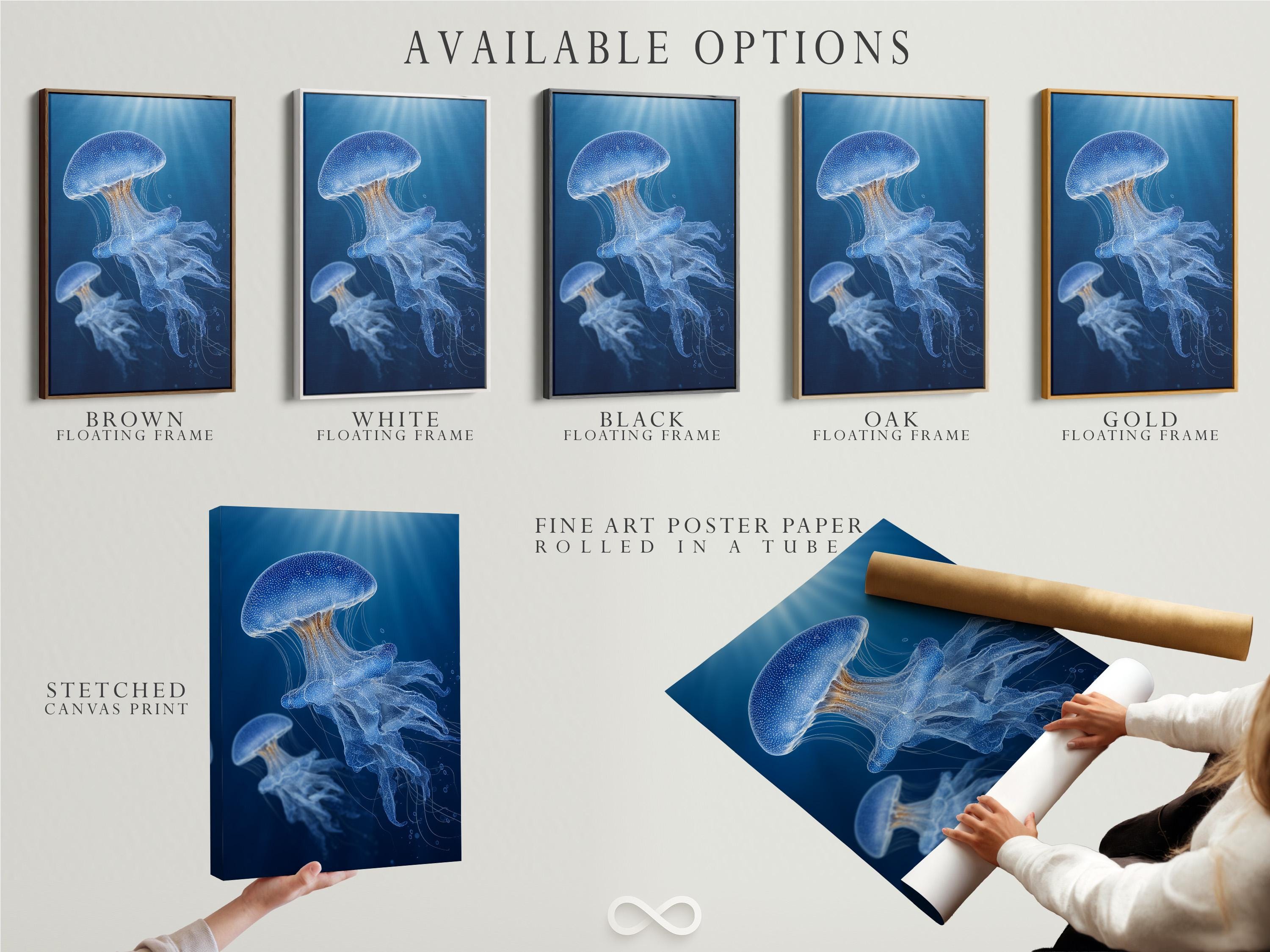 Wall mockup showing a blue jellyfish artwork in a framed display on a light wall