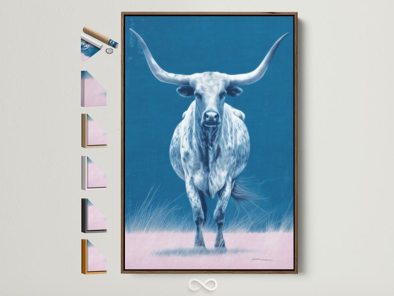 A blue-toned longhorn bull portrait with sweeping horns and a calm, painterly look, set against a bright sky-blue background and pale grass foreground