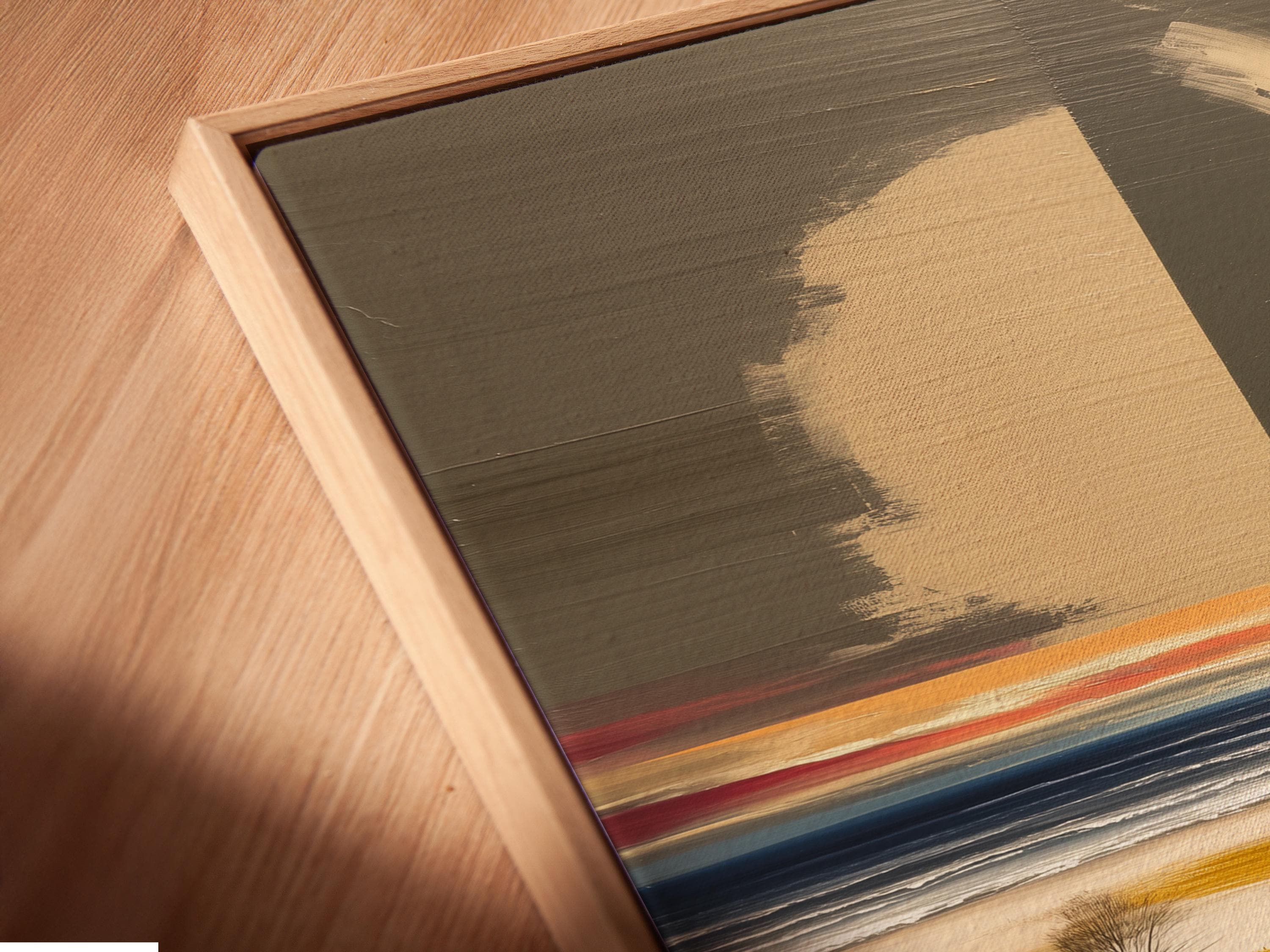 Minimalist coastal seascape showing a winding boardwalk path to the sea in beige and grey tones detail view