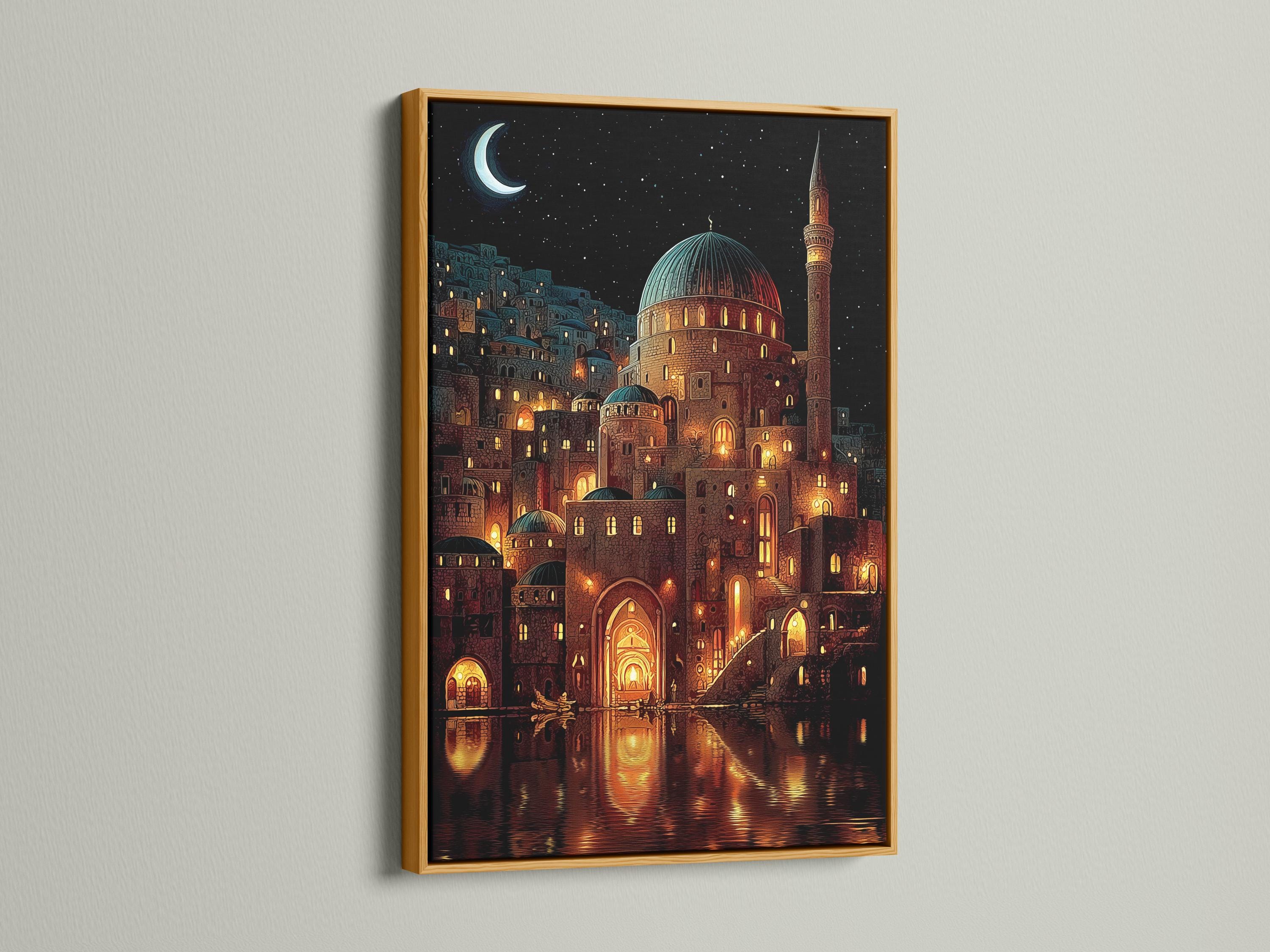 Night scene illustration of a mosque with glowing windows, crescent moon, stars and water reflections detail view