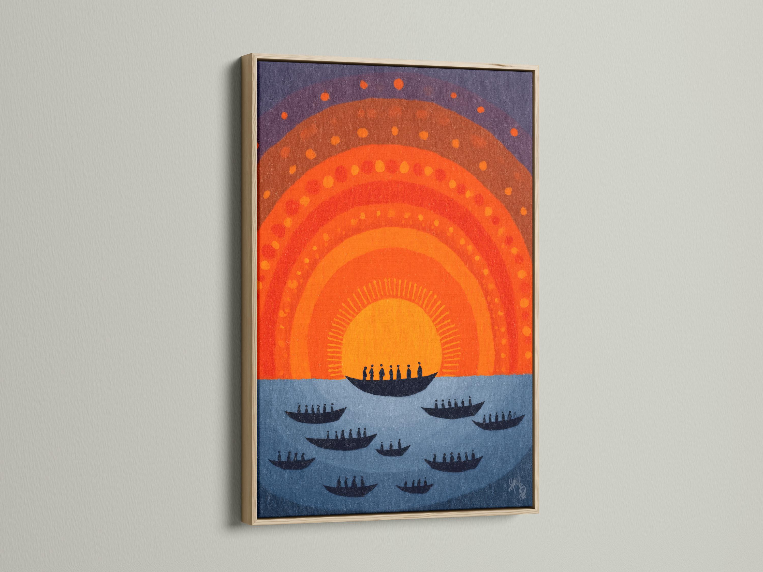 Abstract boats and sunset arcs in orange and navy with a purple dotted sky detail view