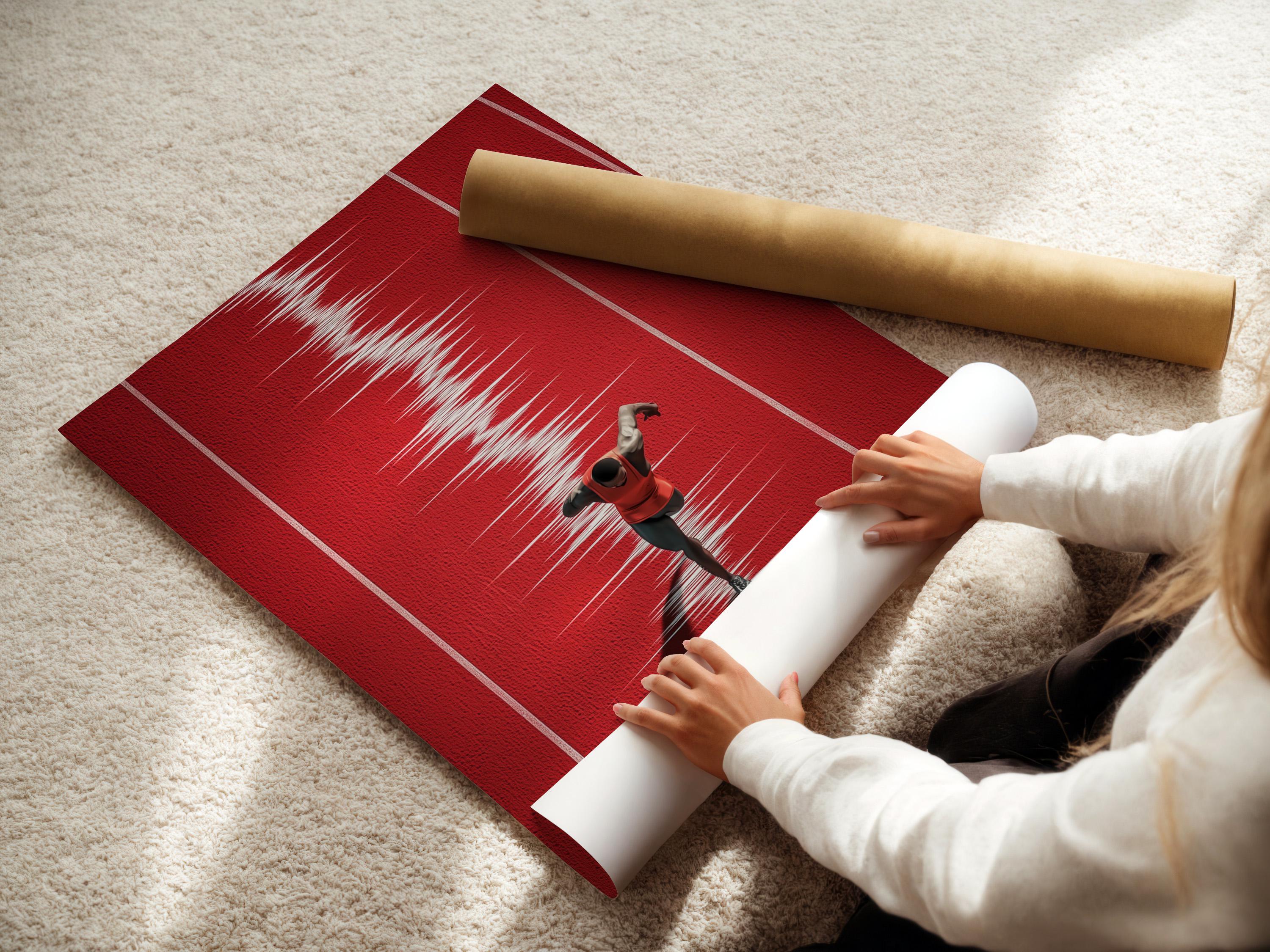 Mockup showing a framed red runner track artwork on a light wall