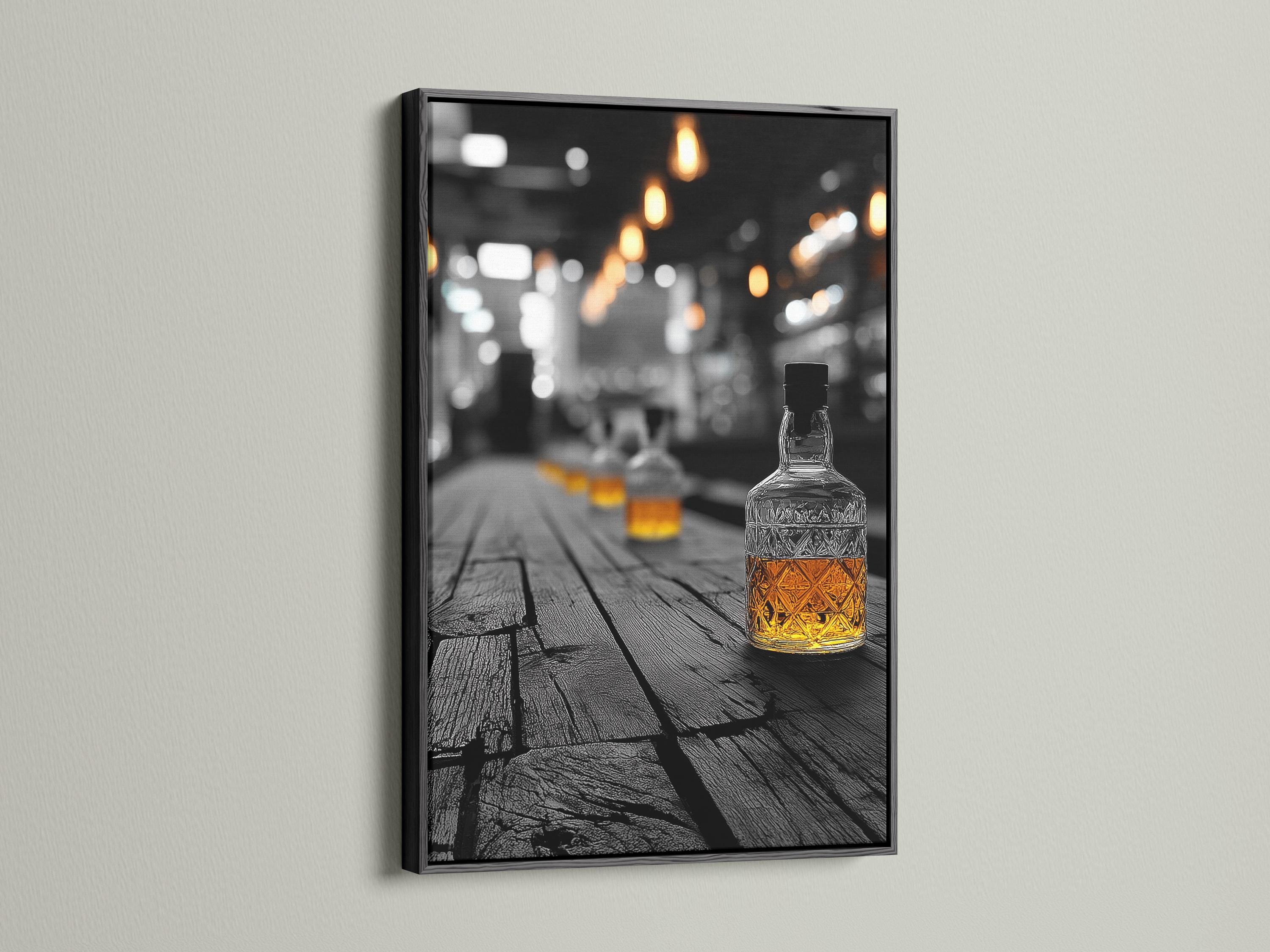 Room mockup showing a wall with framed artwork of a pub scene bottle with amber light accents