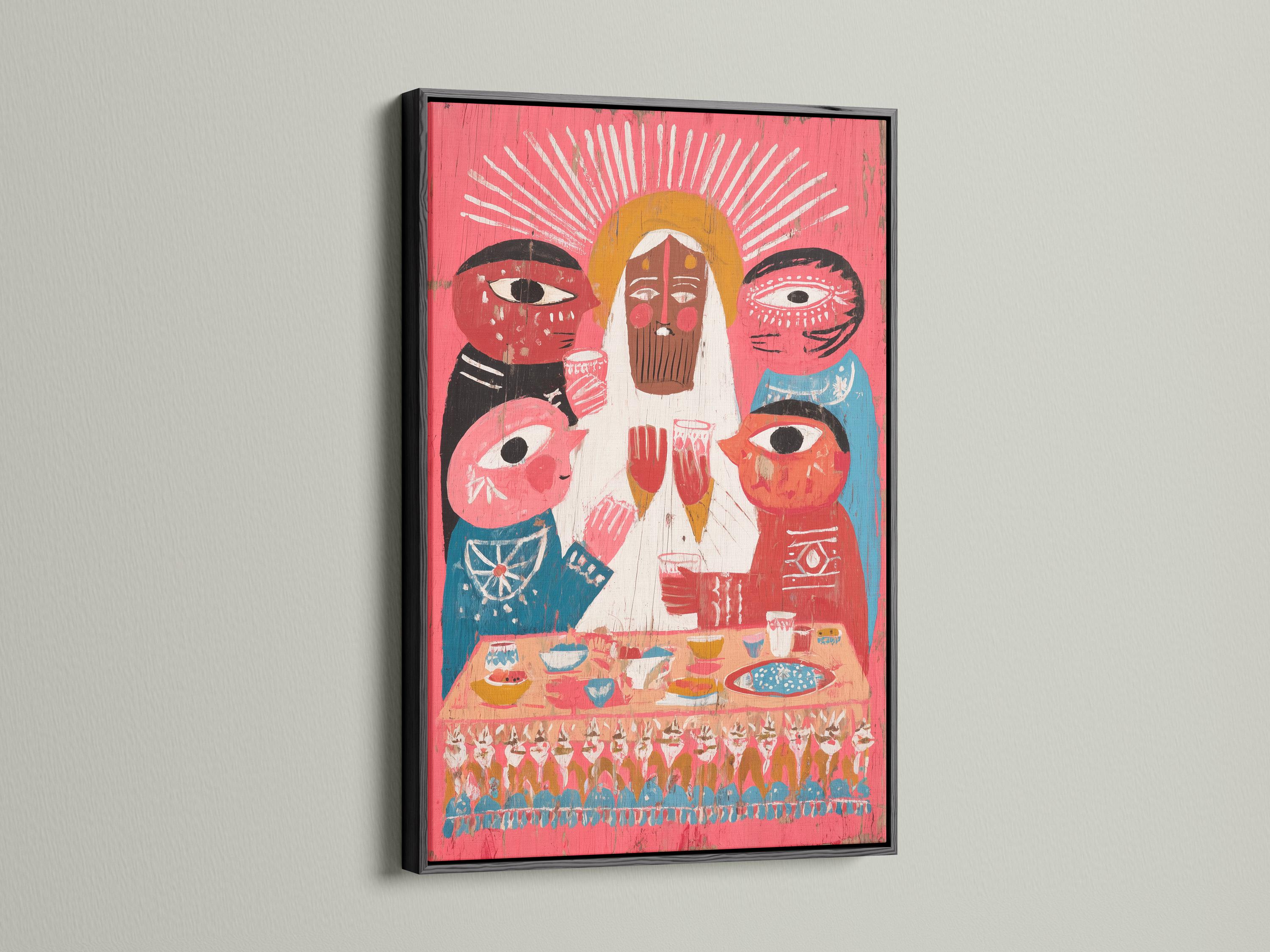 Stylised folk illustration with three haloed figures, bowls on a table, and a crowd band on a red background detail view