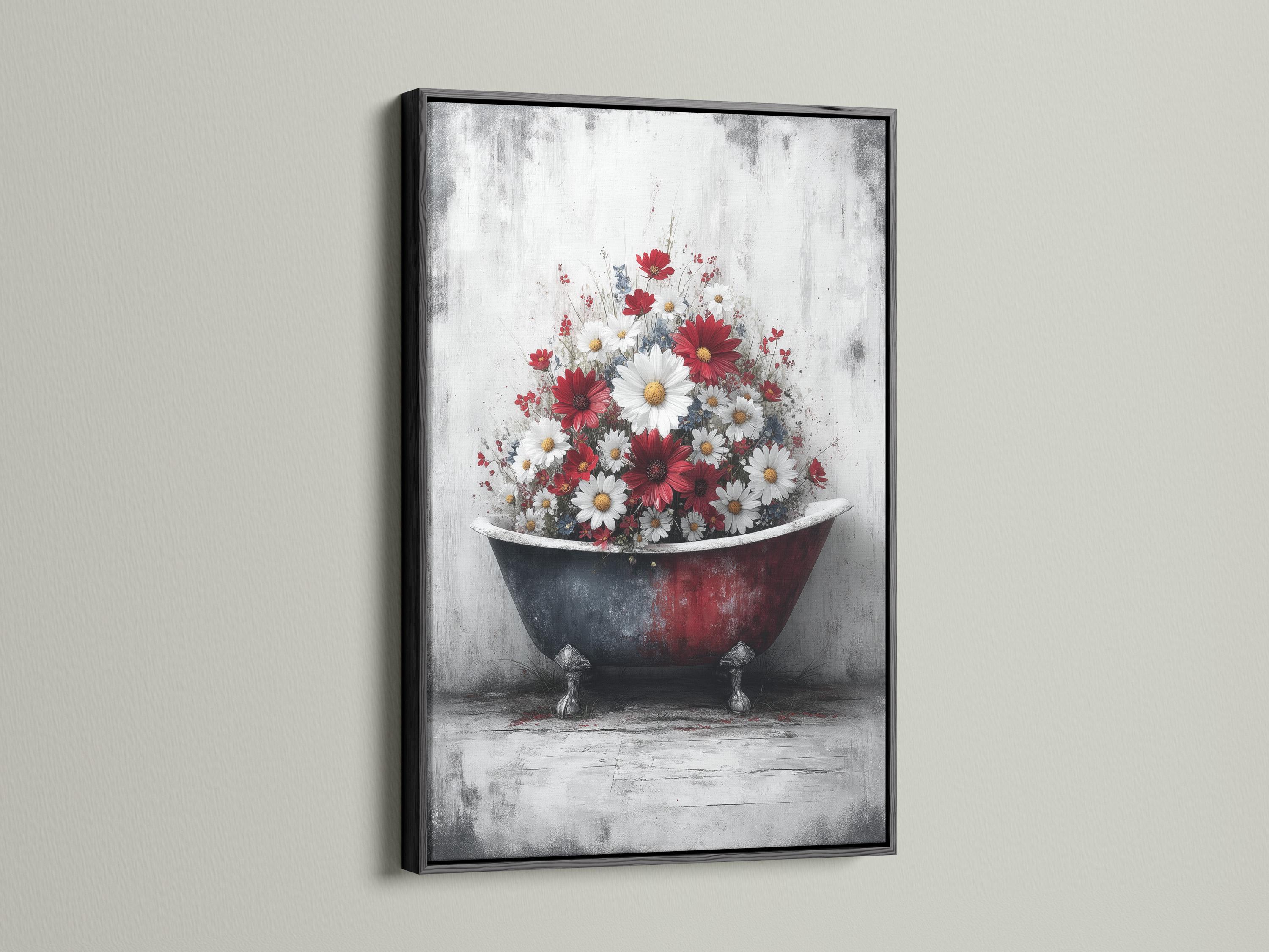 Vintage bathtub filled with red and white daisies on a distressed grey background detail view