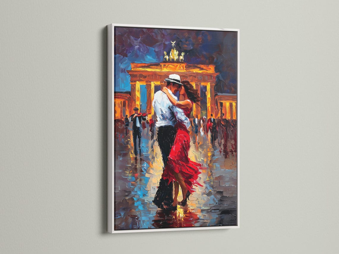 Painterly night cityscape showing a dancing couple with warm glowing buildings, blue shadows and red accents detail view