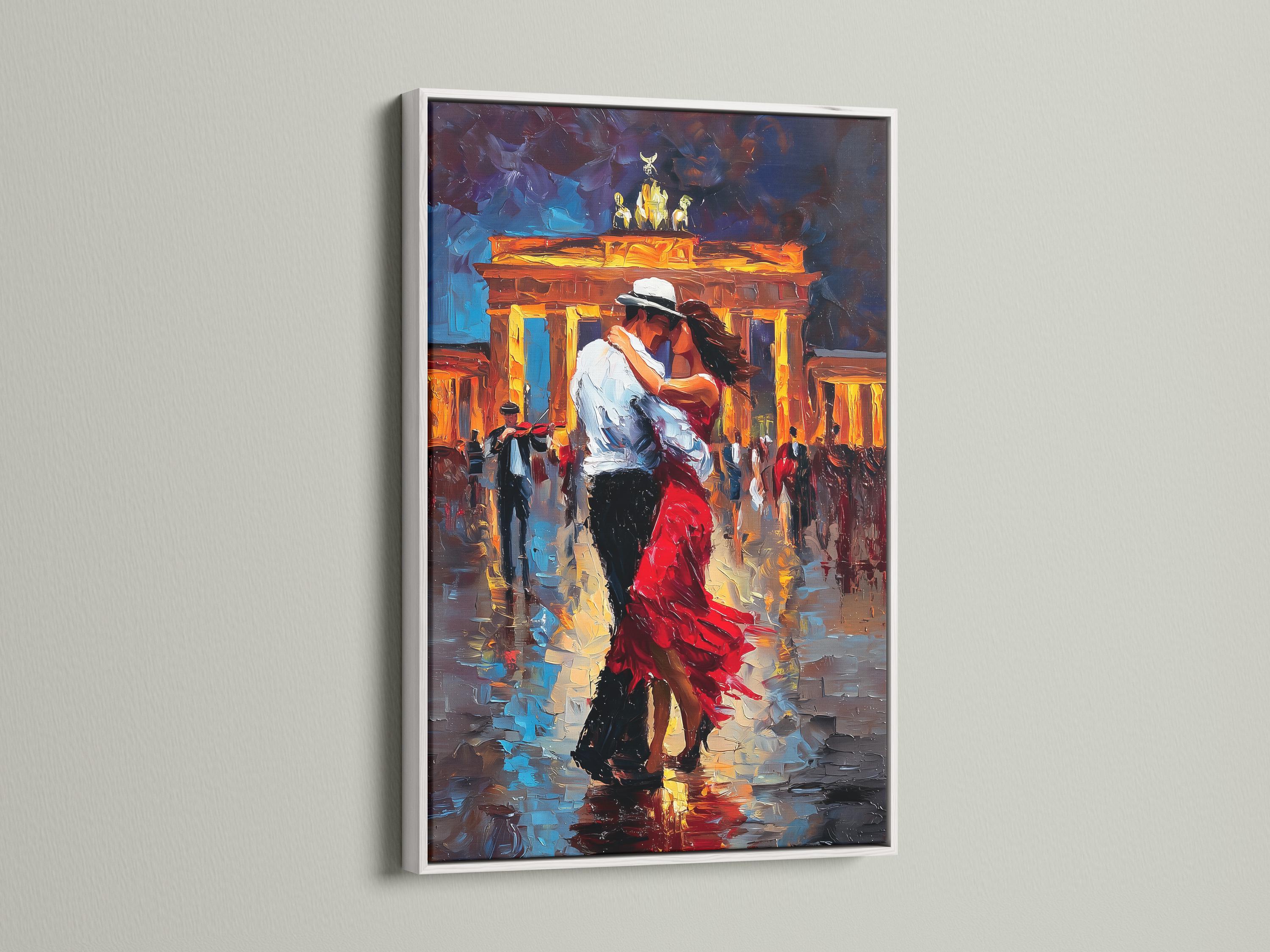 Painterly night cityscape showing a dancing couple with warm glowing buildings, blue shadows and red accents detail view