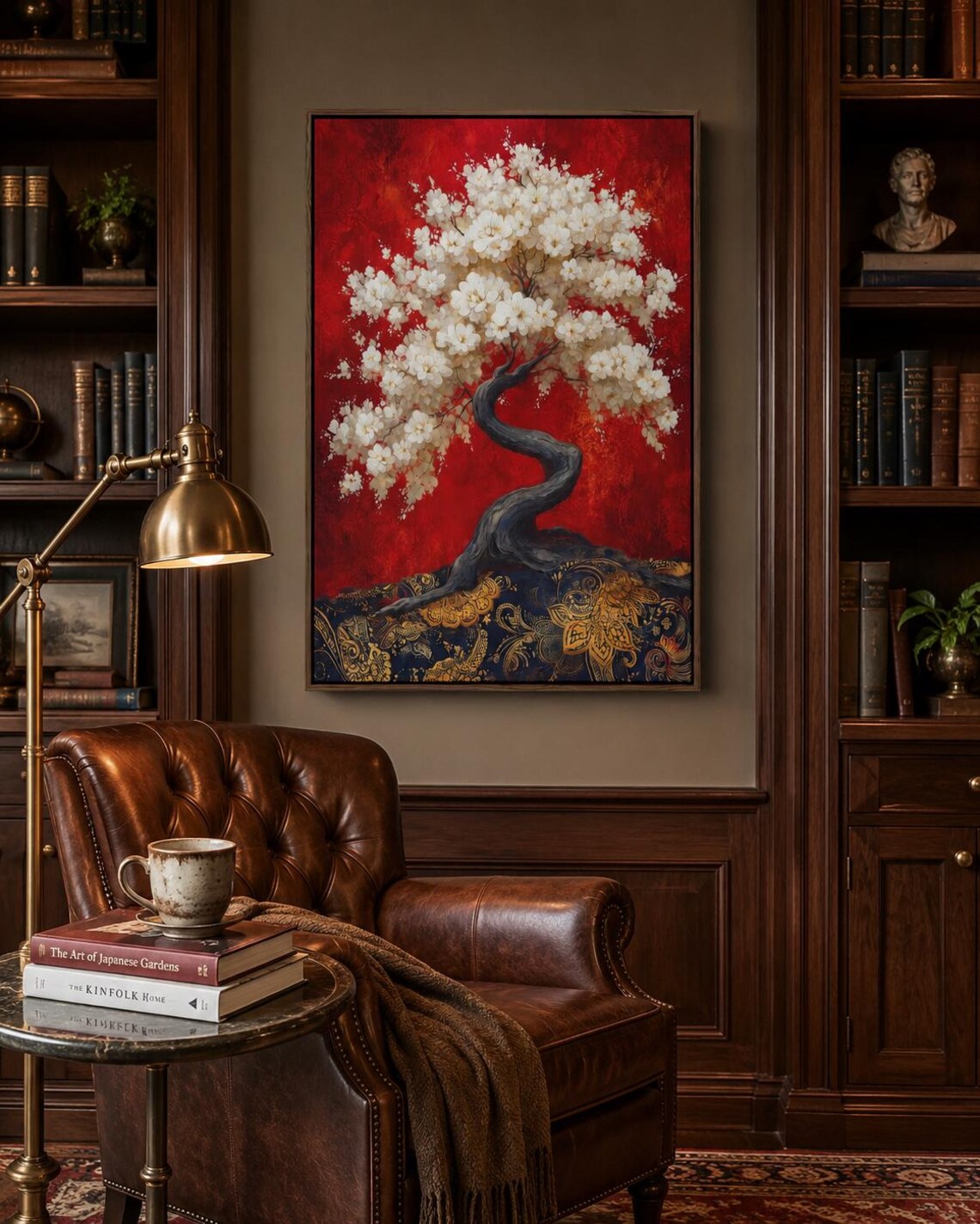 Spa reception scene with a woman seated at a reception desk and a cherry blossom tree artwork on the wall