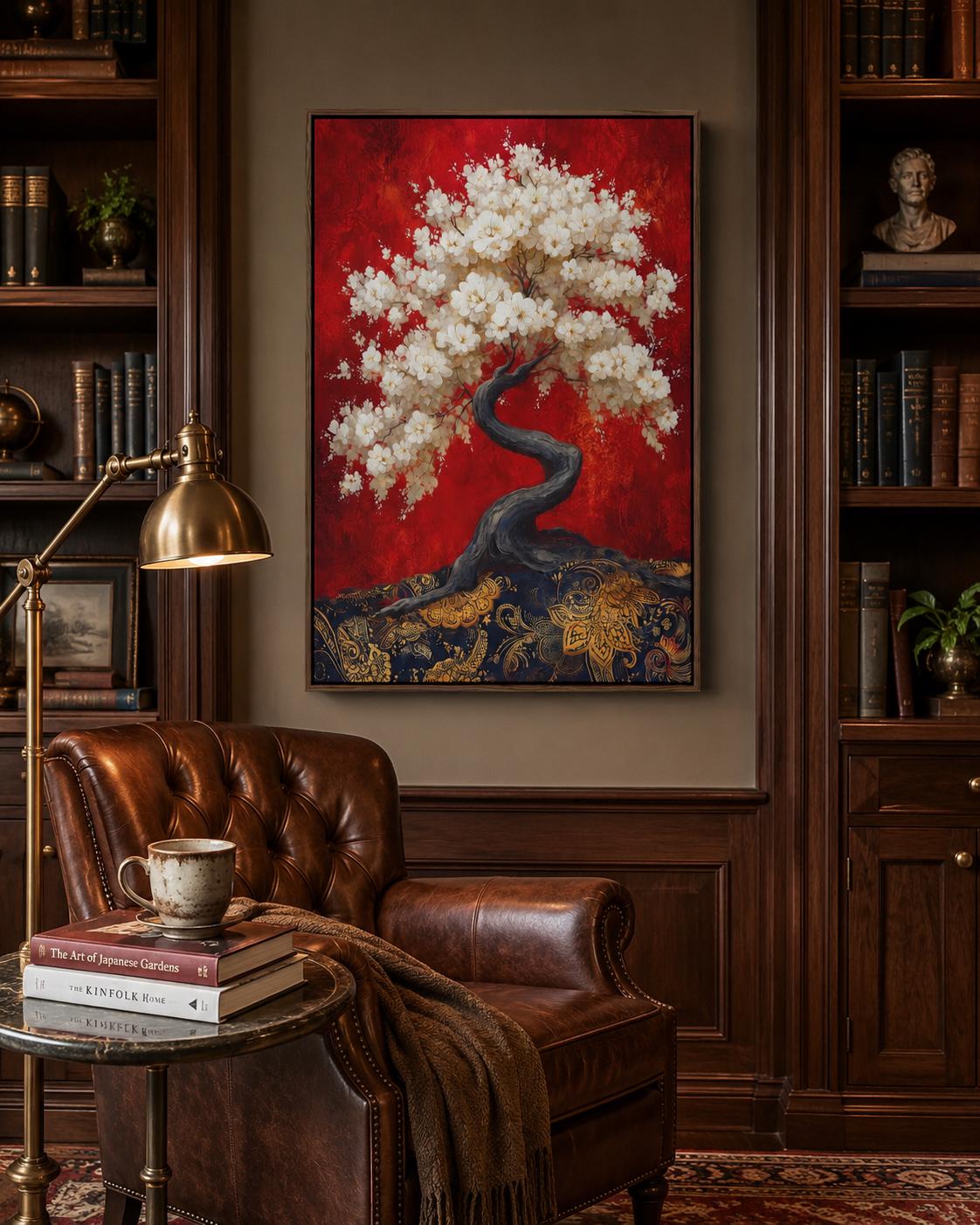 Spa reception scene with a woman seated at a reception desk and a cherry blossom tree artwork on the wall