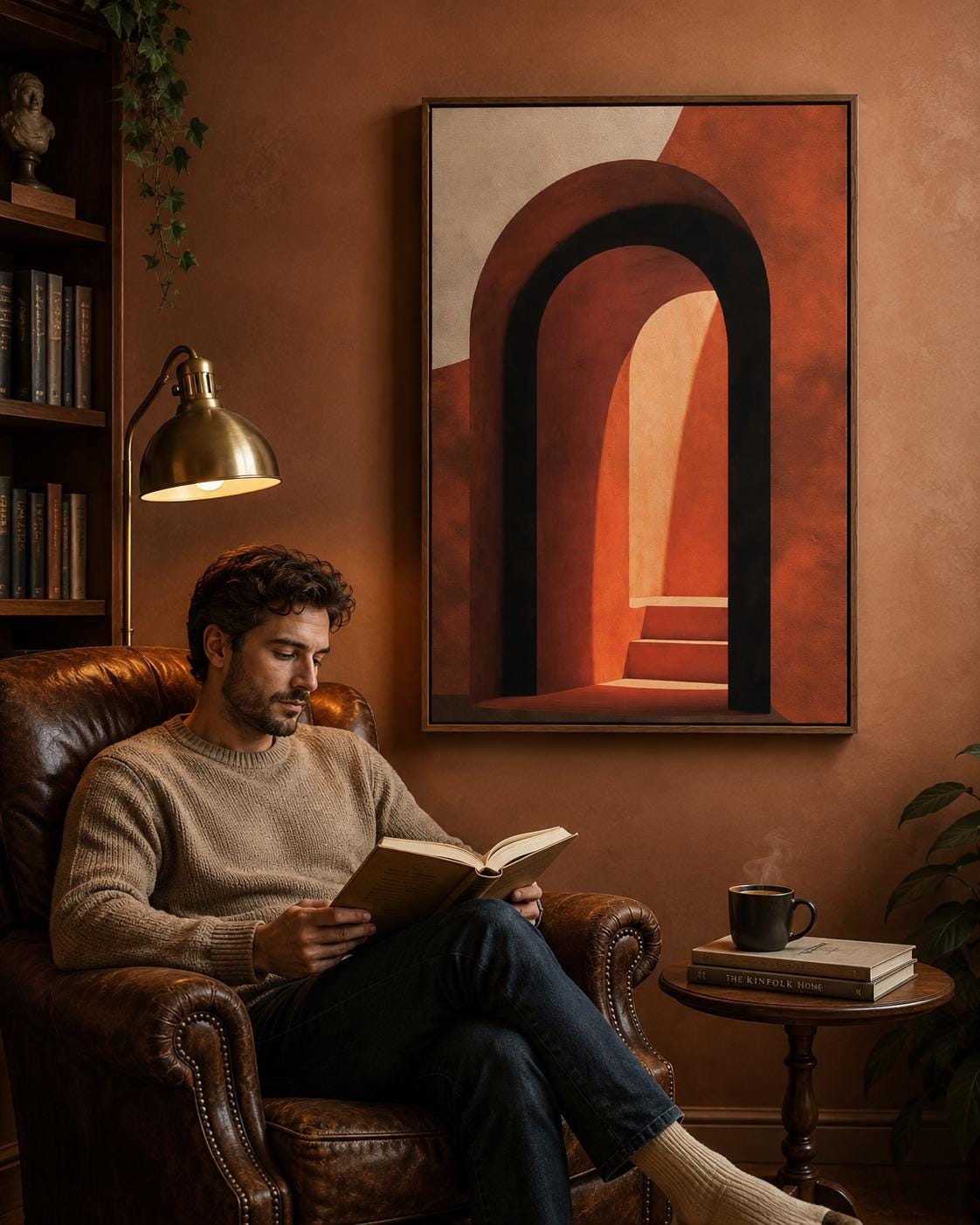 Woman holding a mug standing beside an abstract arch wall artwork in warm terracotta tones