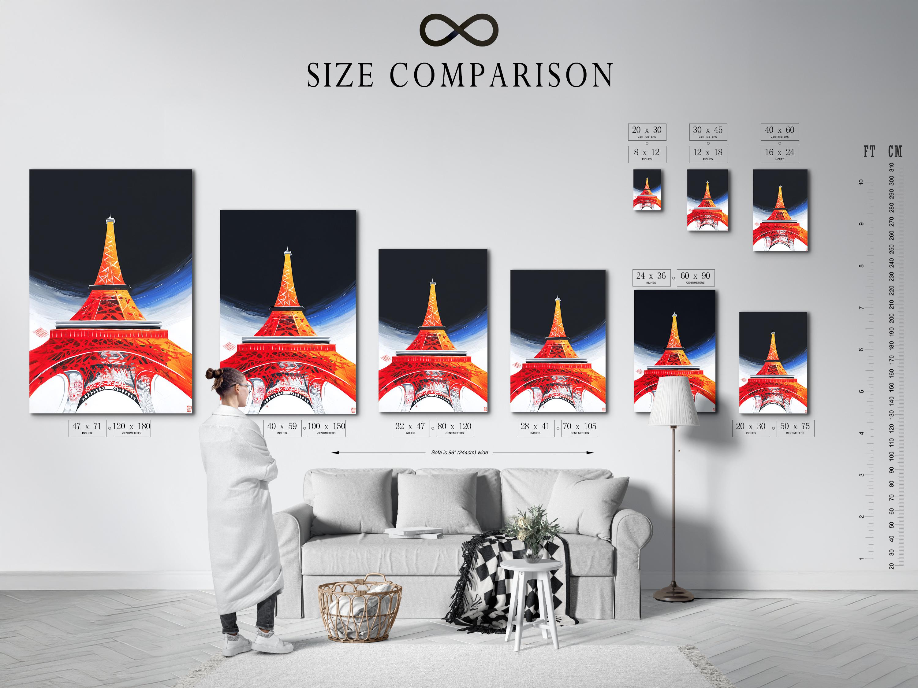 Room mockup showing framed Eiffel Tower artwork in red, orange and blue