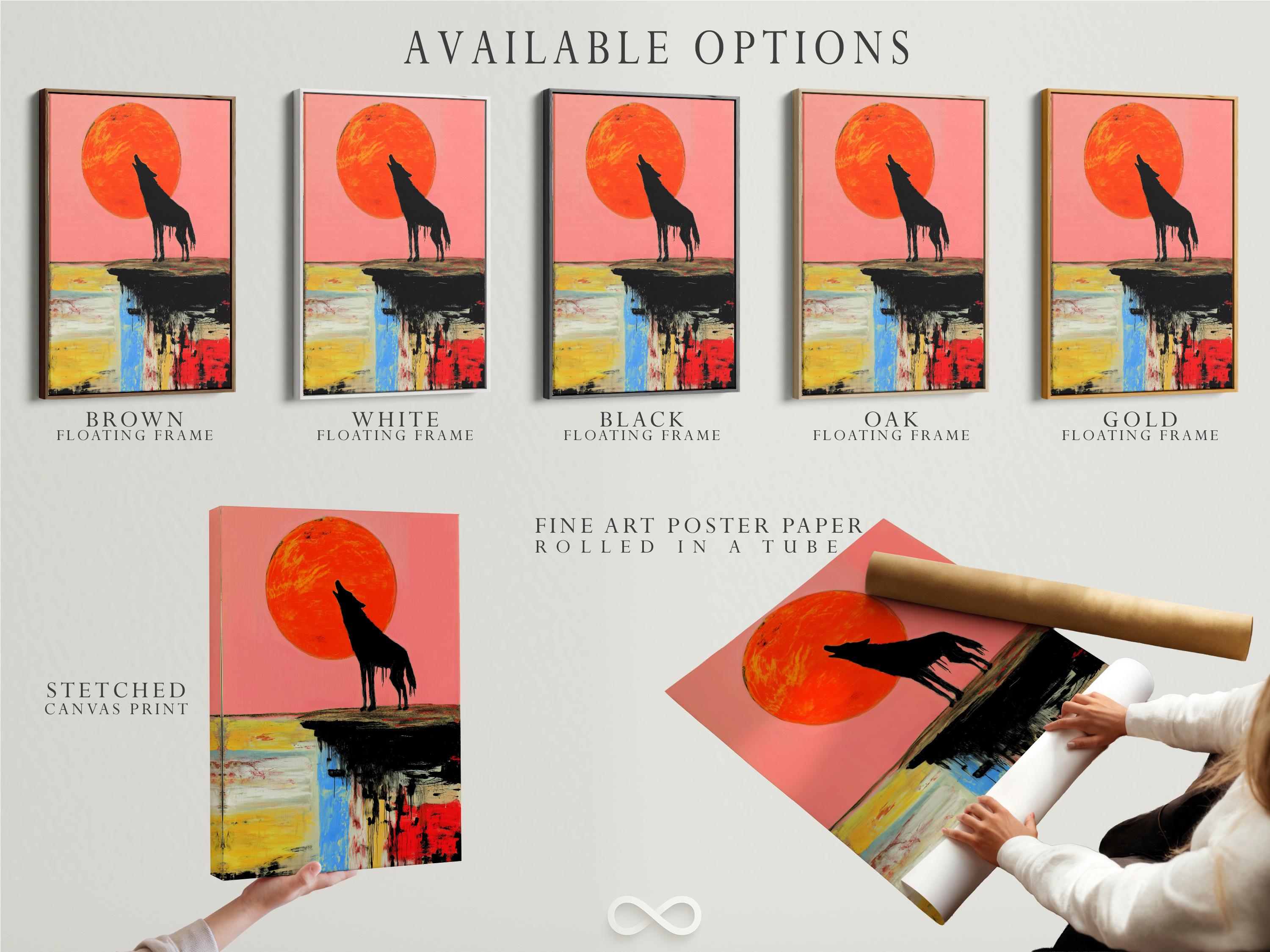 Black howling wolf silhouette under an orange-red full moon with abstract multicolour reflection detail view
