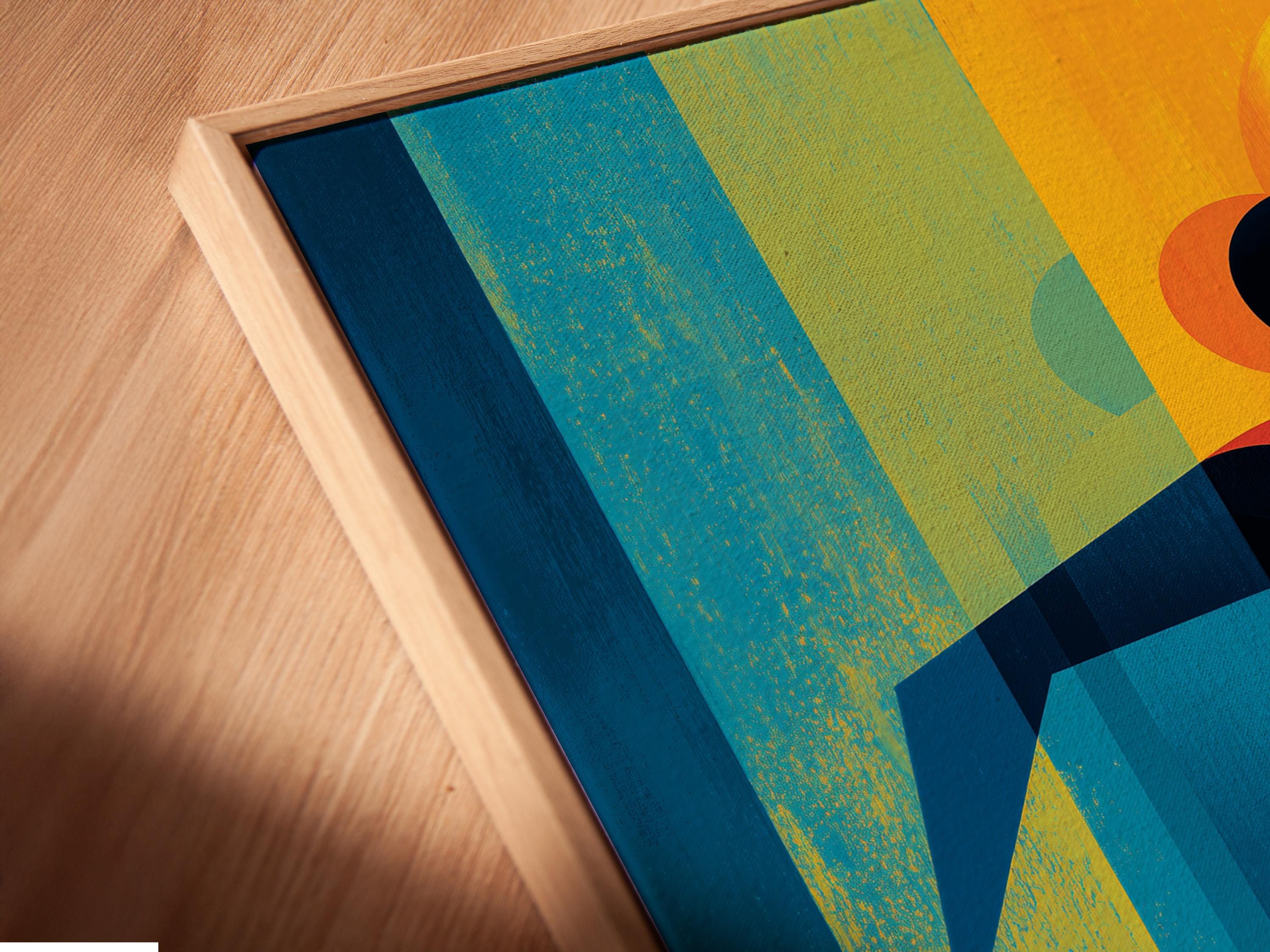 Geometric runner figure in red, blue, teal and yellow with a sun-like circle background detail view
