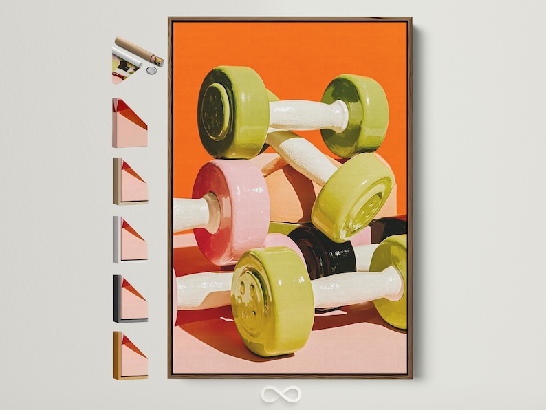 Stylised dumbbell artwork with green and yellow weight plates on a bright orange background
