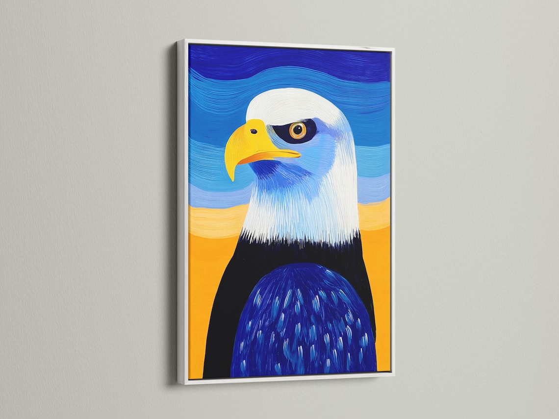 Room mockup showing framed bald eagle artwork on a wall