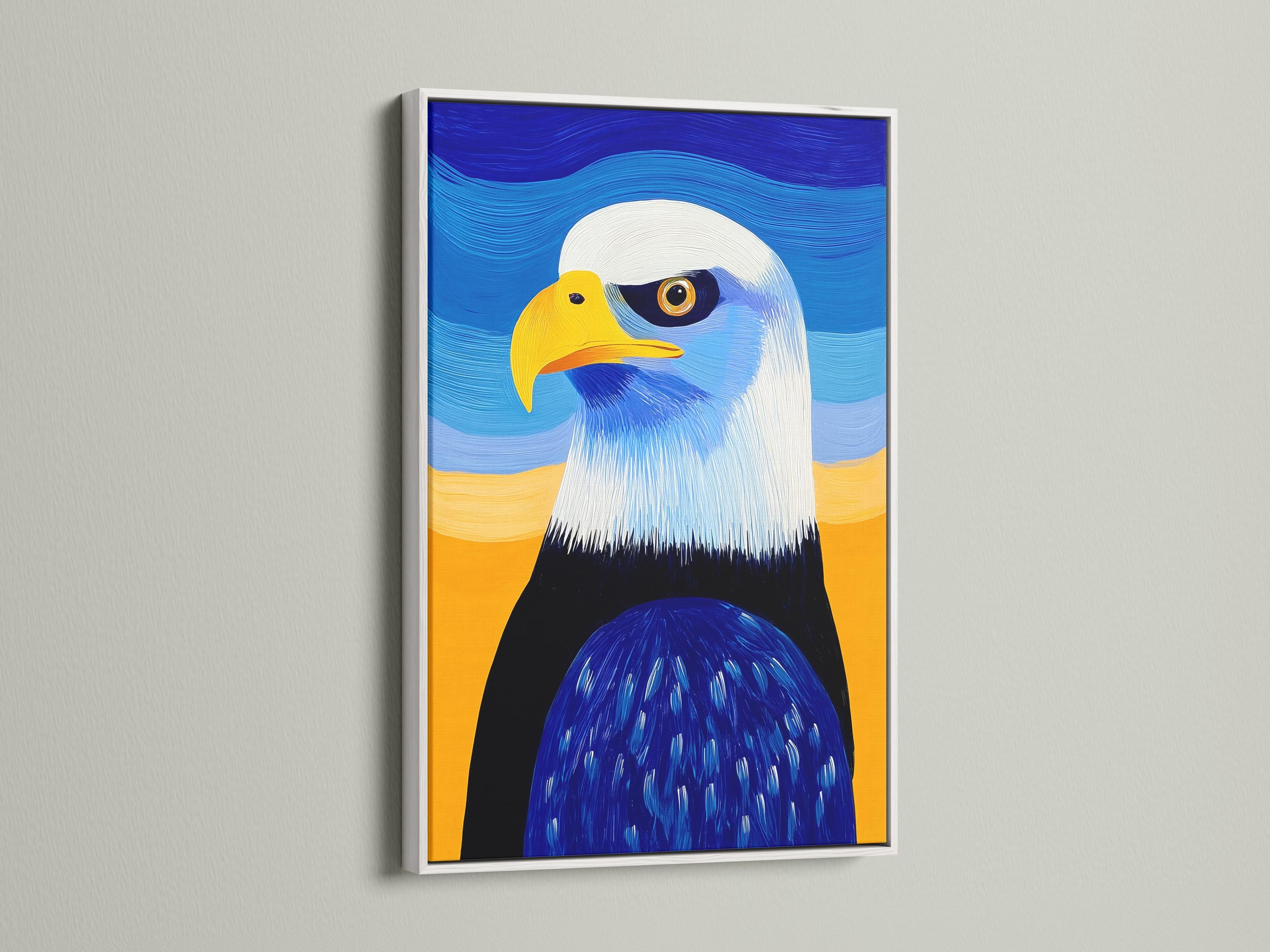 Room mockup showing framed bald eagle artwork on a wall