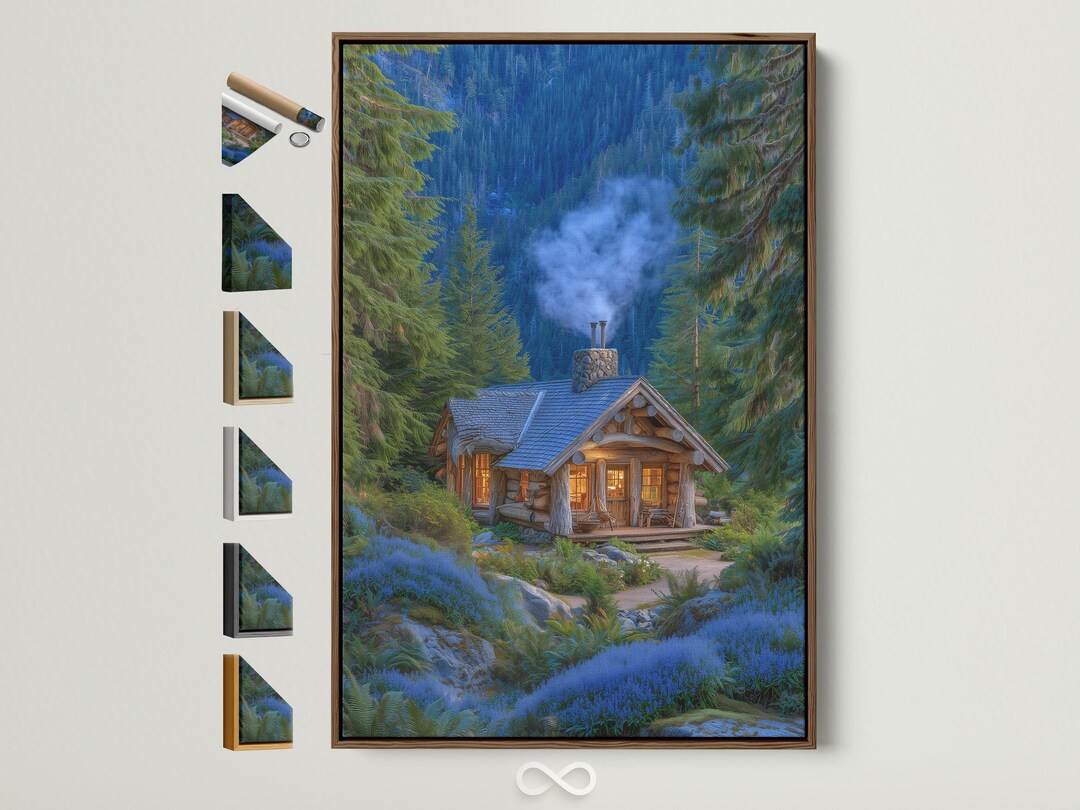 Rustic Cabin Canvas Print - Forest Lodge in Blue, Cozy Mountain Wall ...