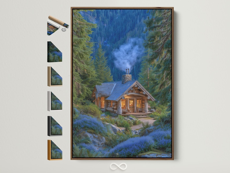 Forest cabin scene with evergreen trees, blue mist, and warm glowing windows