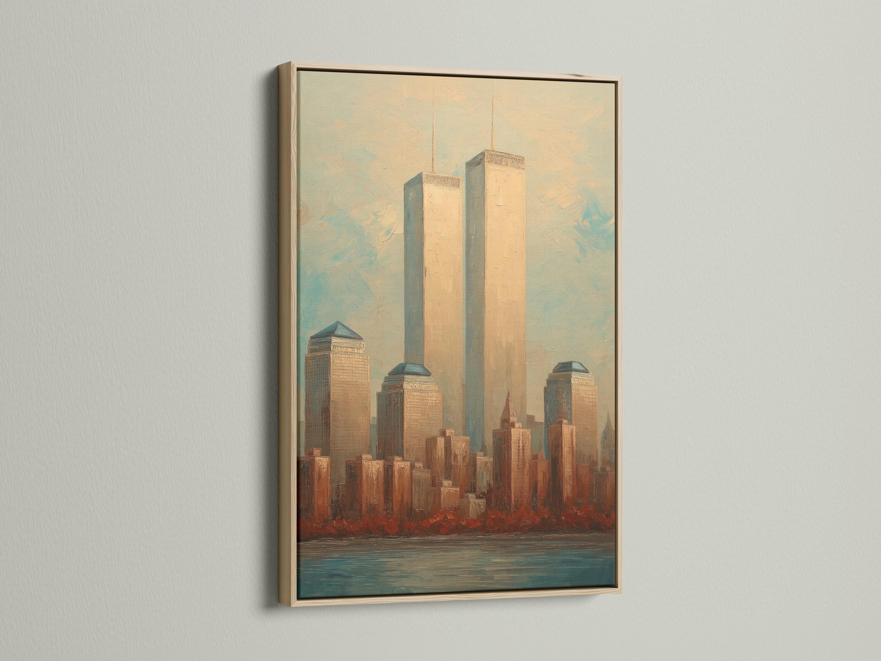 Stylised skyline with two twin towers, warm beige buildings and blue-green water foreground detail view
